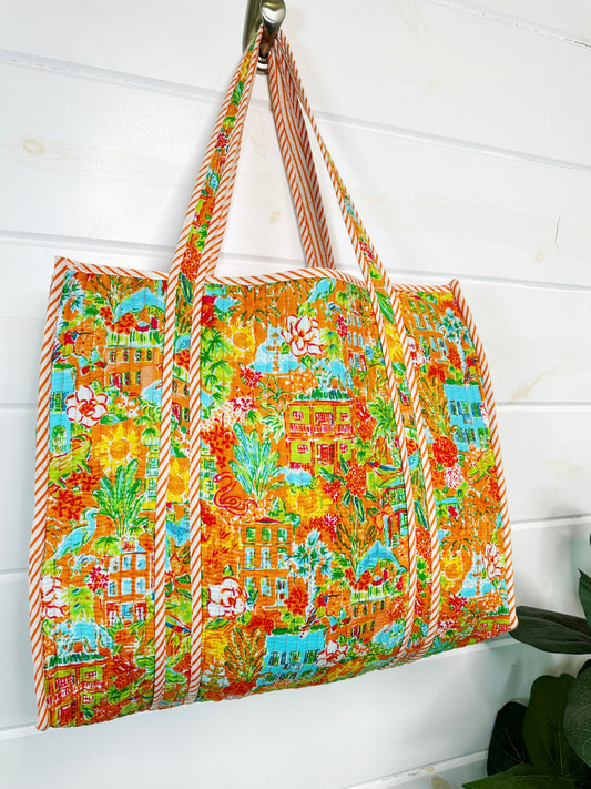 Orange Tropical Southern Town Print Quilted Cotton Reversible Large Tote Bag