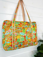 Orange Tropical Southern Town Print Quilted Weekender Overnight Bag
