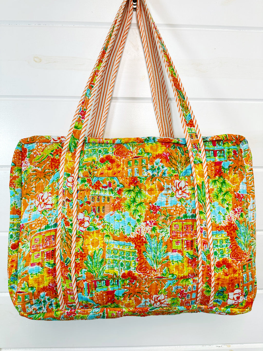 Orange Tropical Southern Town Print Quilted Weekender Overnight Bag