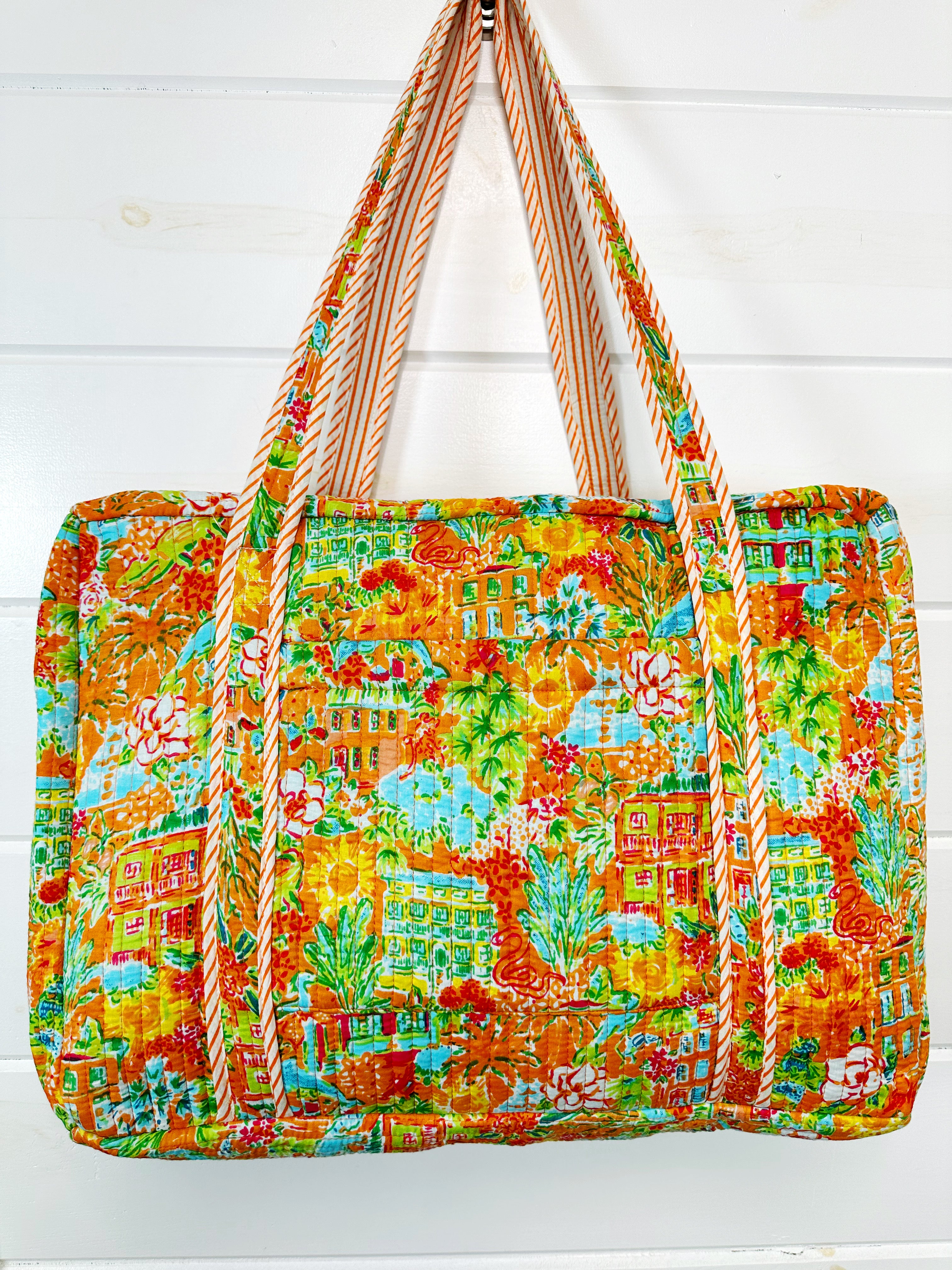 Orange Tropical Southern Town Print Quilted Weekender Overnight Bag