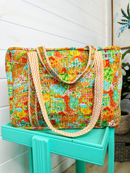 Orange Tropical Southern Town Print Quilted Weekender Overnight Bag