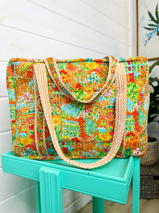 Orange Tropical Southern Town Print Quilted Weekender Overnight Bag
