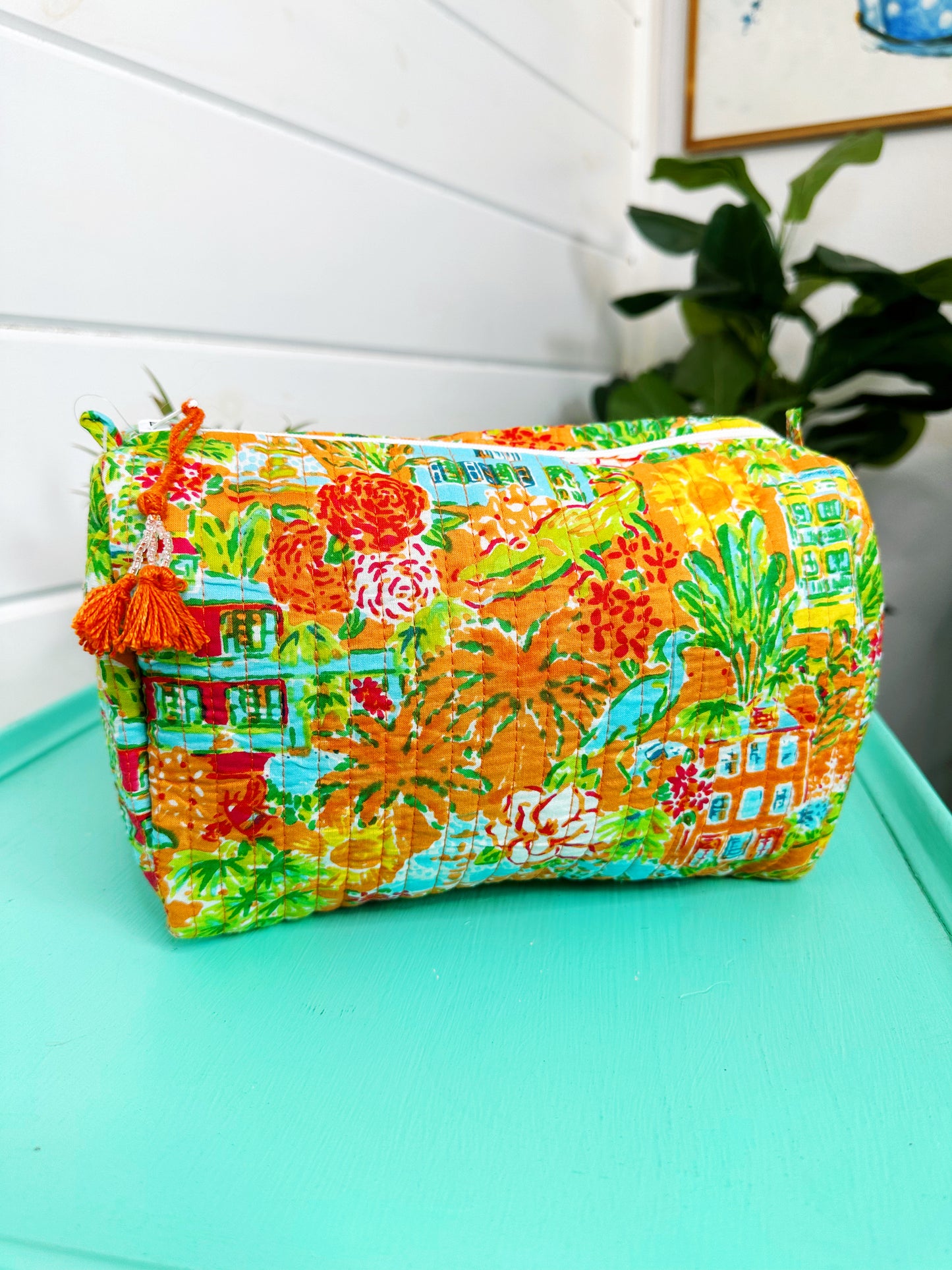 Orange Tropical Southern Town Print Quilted Makeup Cosmetics Toiletry Bag