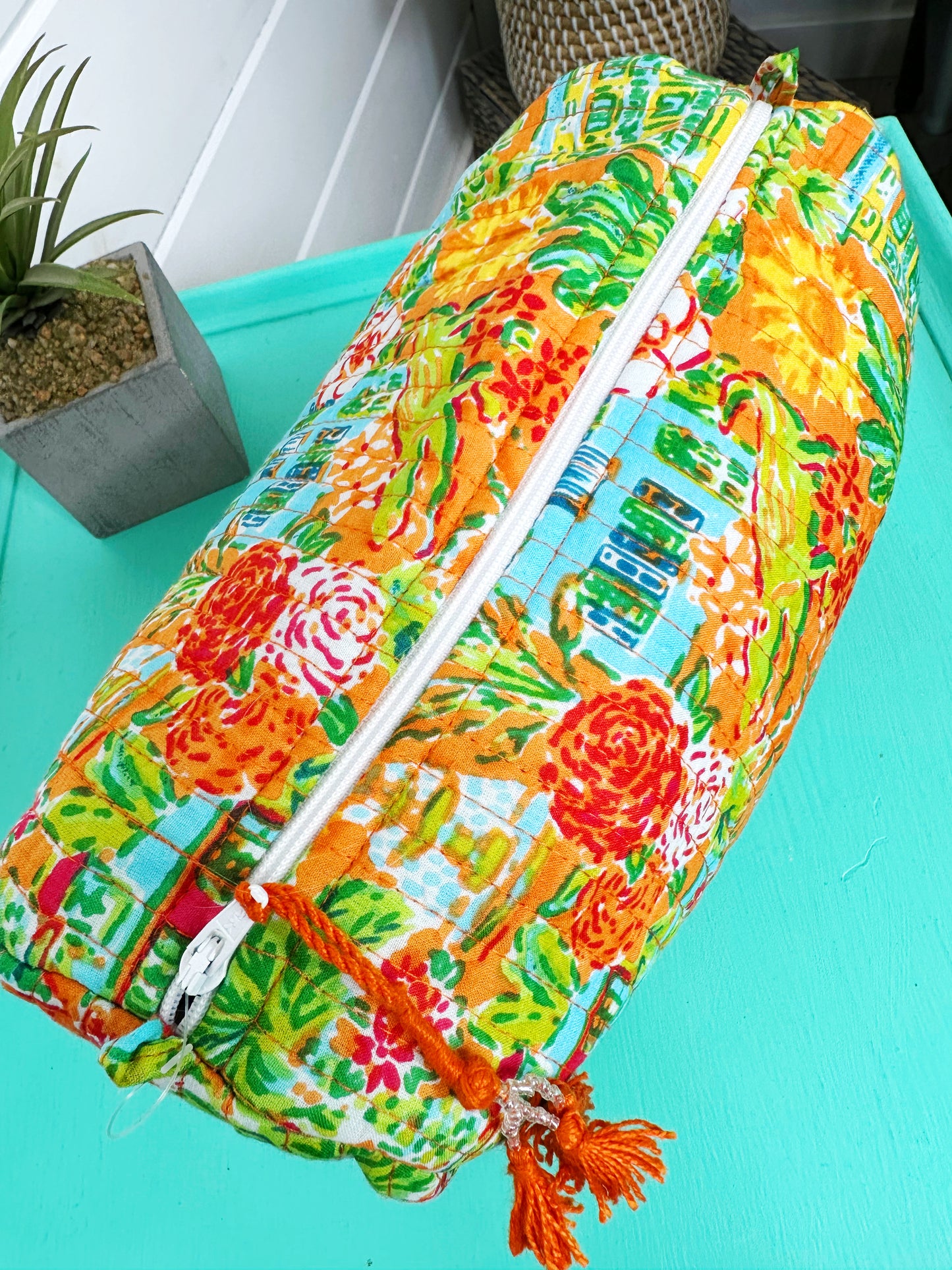 Orange Tropical Southern Town Print Quilted Makeup Cosmetics Toiletry Bag