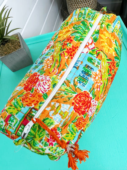 Orange Tropical Southern Town Print Quilted Makeup Cosmetics Toiletry Bag