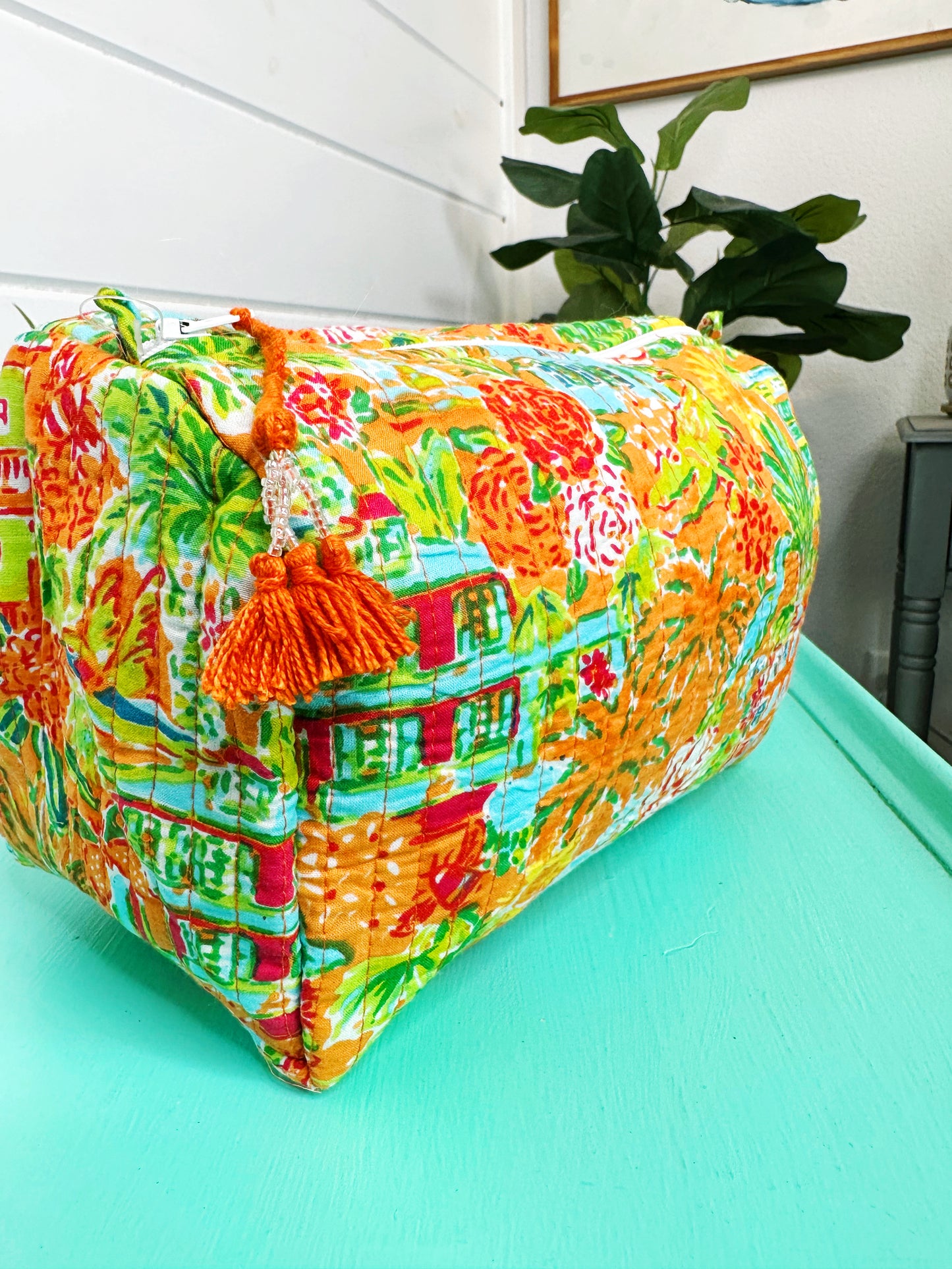 Orange Tropical Southern Town Print Quilted Makeup Cosmetics Toiletry Bag