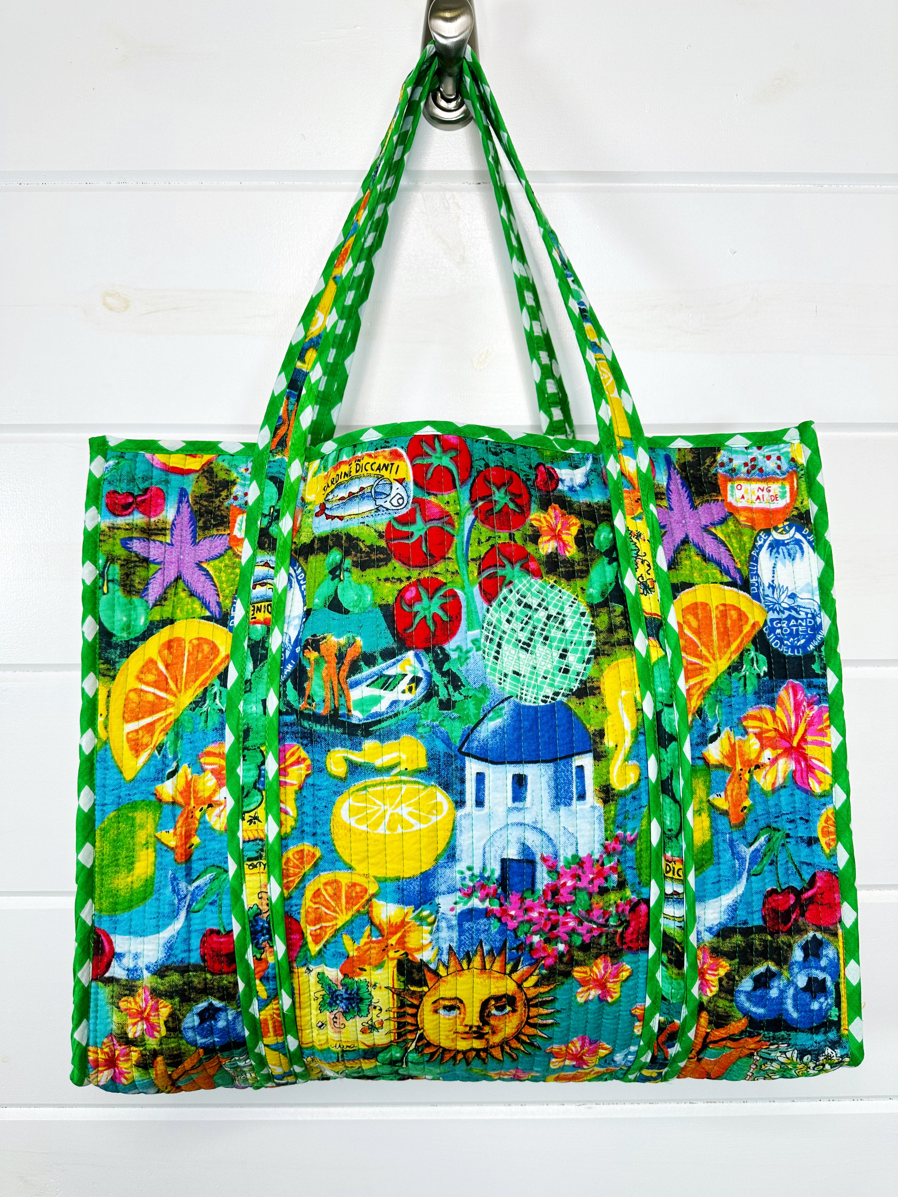 Santorini Vibes Quilted Cotton Reversible Large Tote Bag