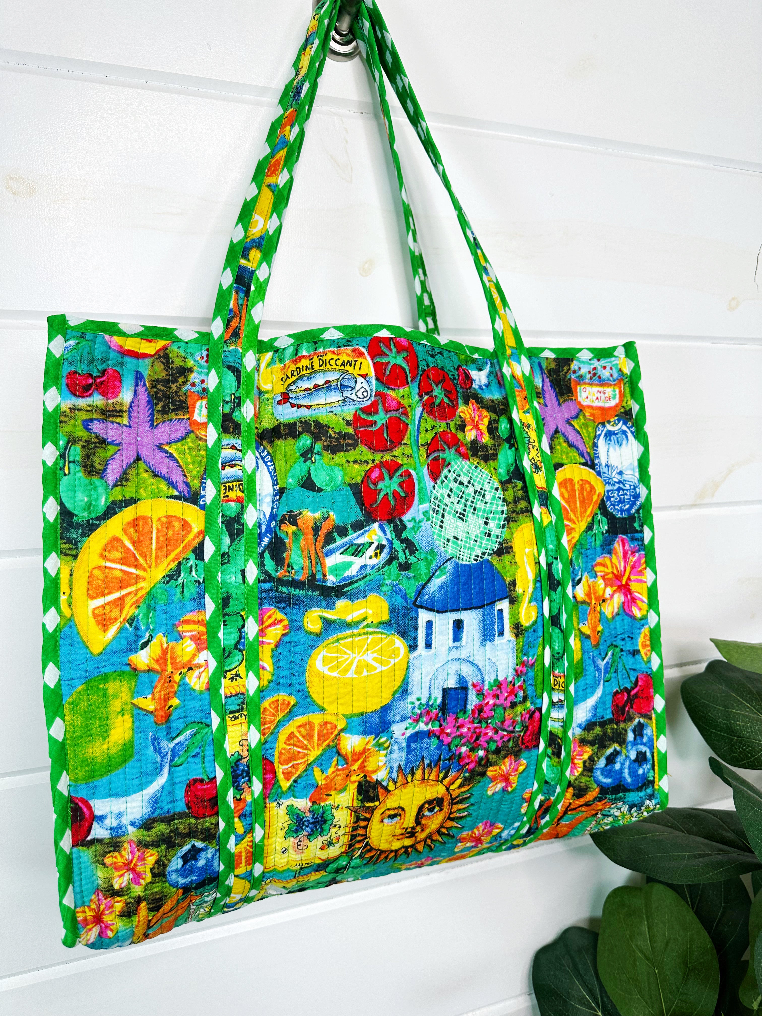 Santorini Vibes Quilted Cotton Reversible Large Tote Bag