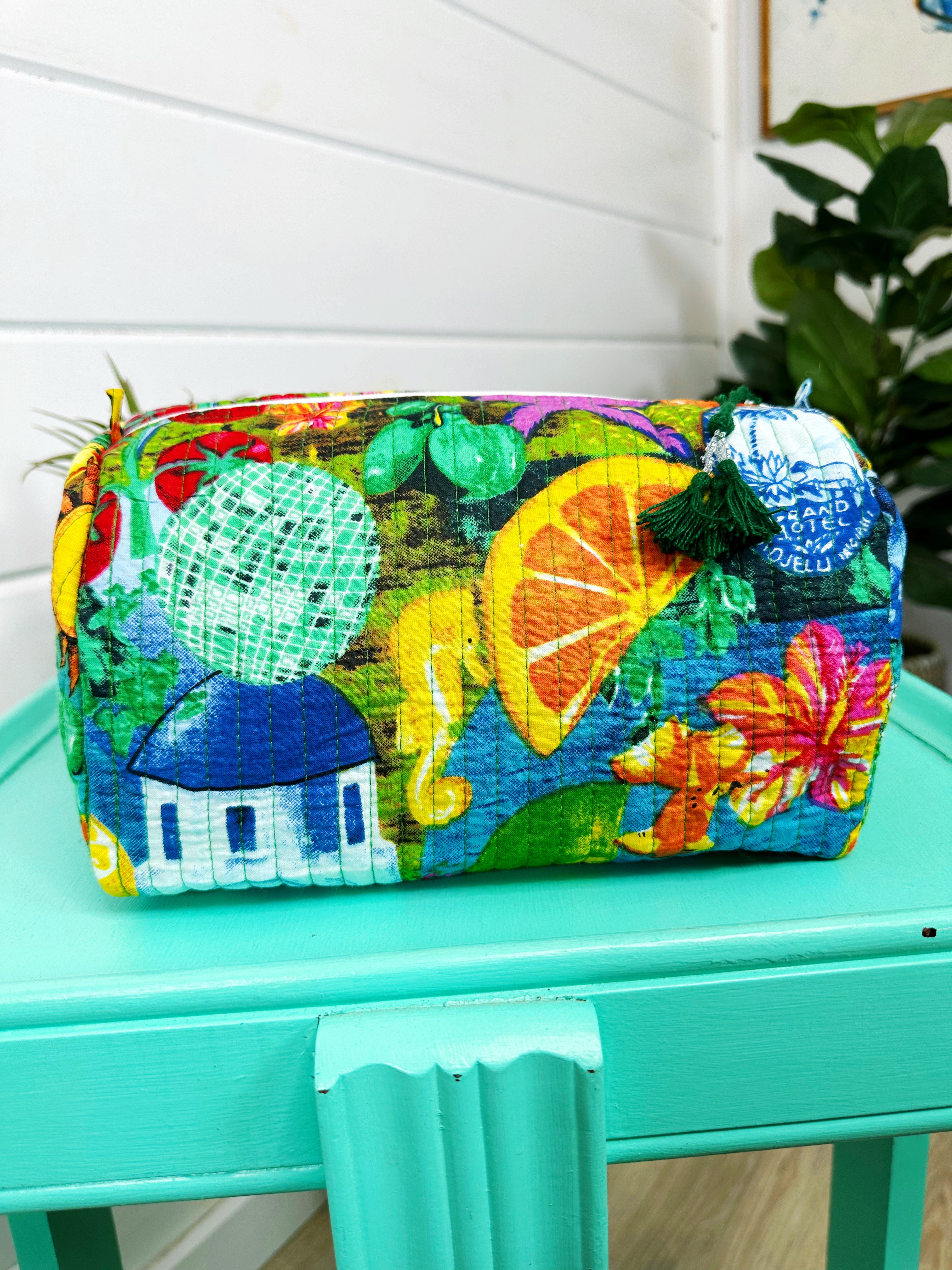 Santorini Vibes Print Quilted Makeup Cosmetics Toiletry Bag