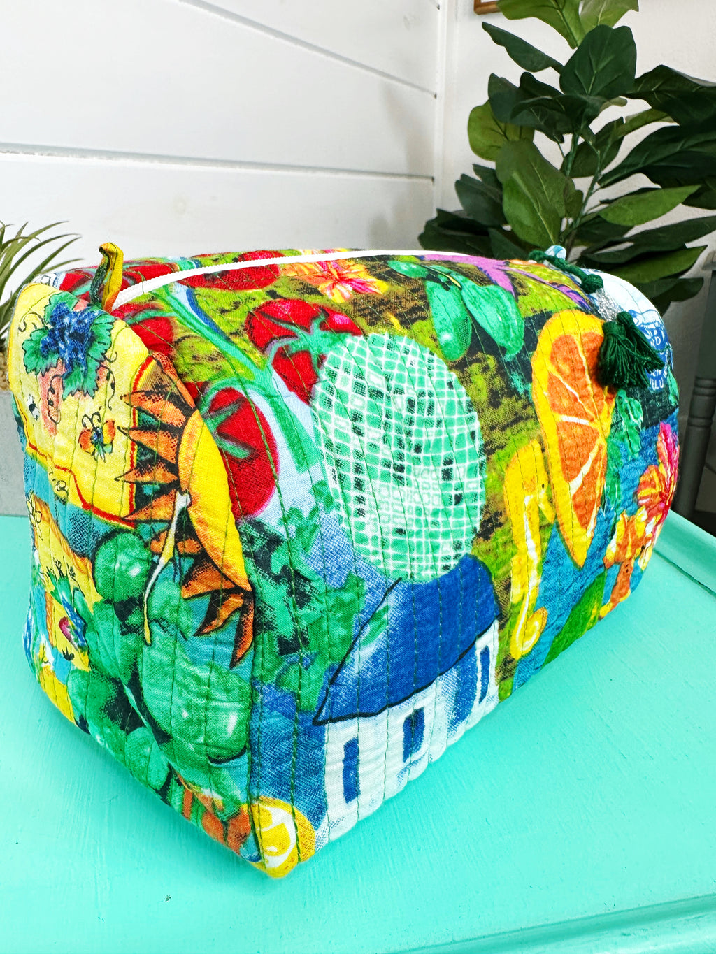 Santorini Vibes Print Quilted Makeup Cosmetics Toiletry Bag