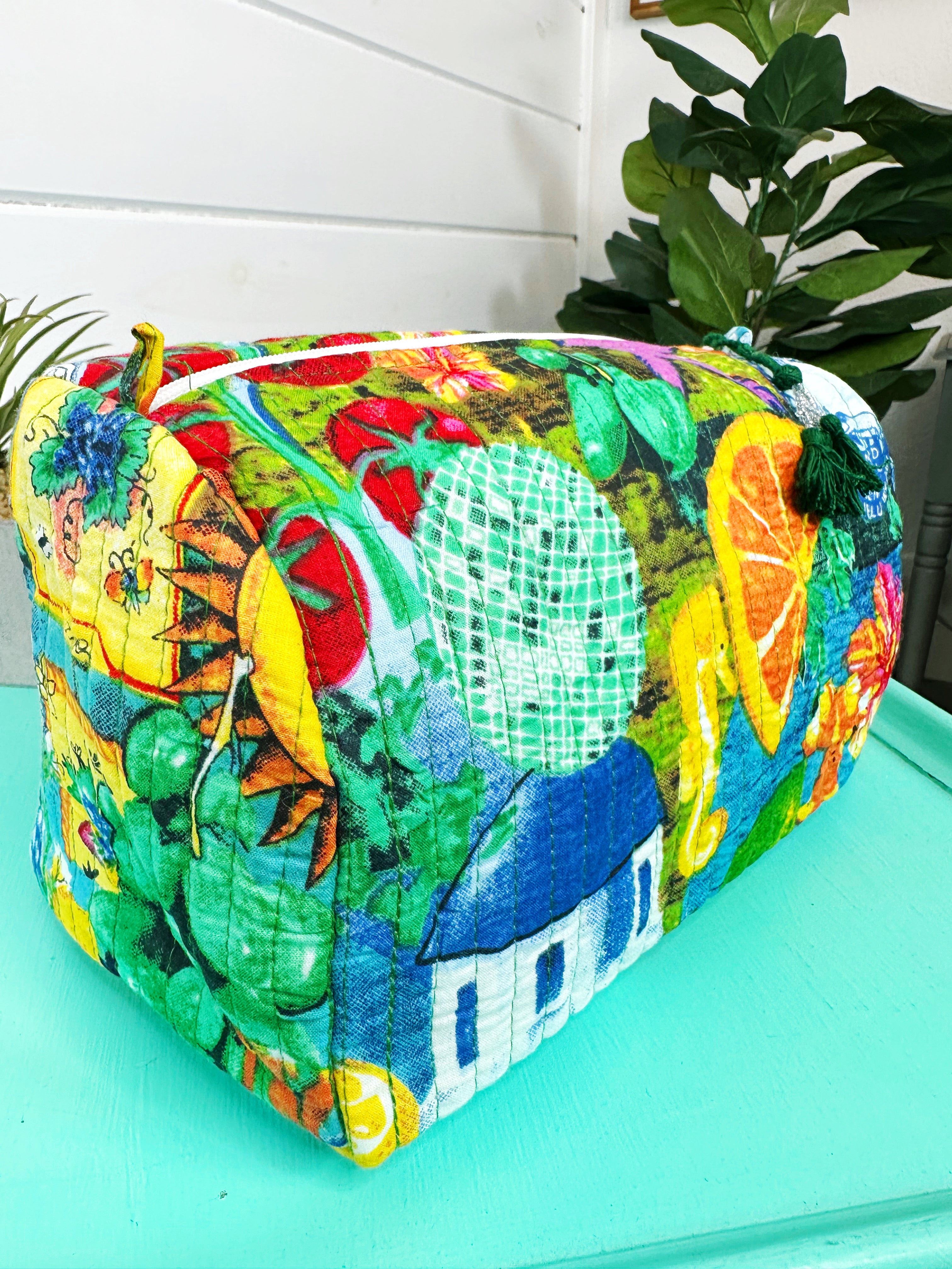 Santorini Vibes Print Quilted Makeup Cosmetics Toiletry Bag