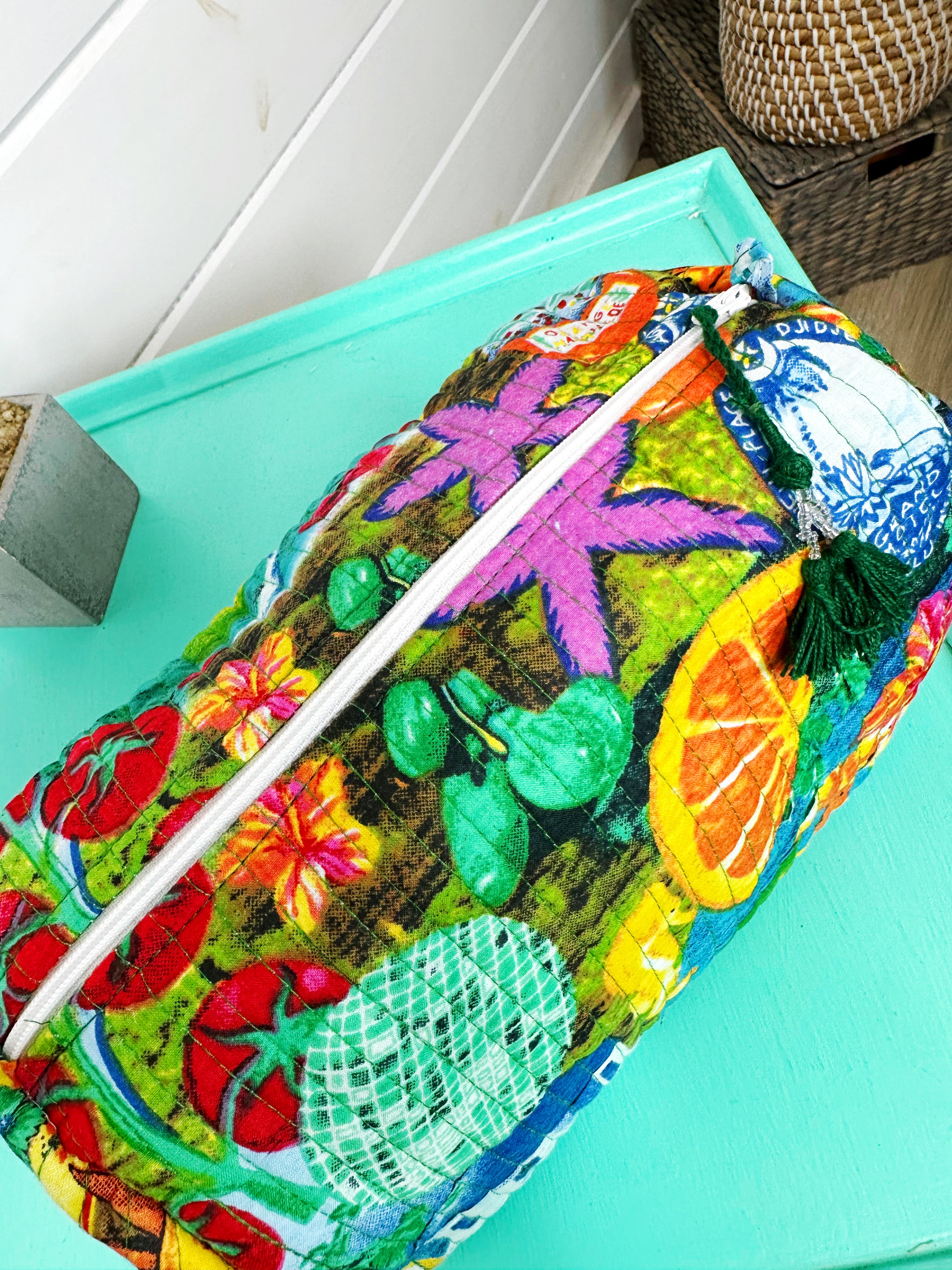 Santorini Vibes Print Quilted Makeup Cosmetics Toiletry Bag
