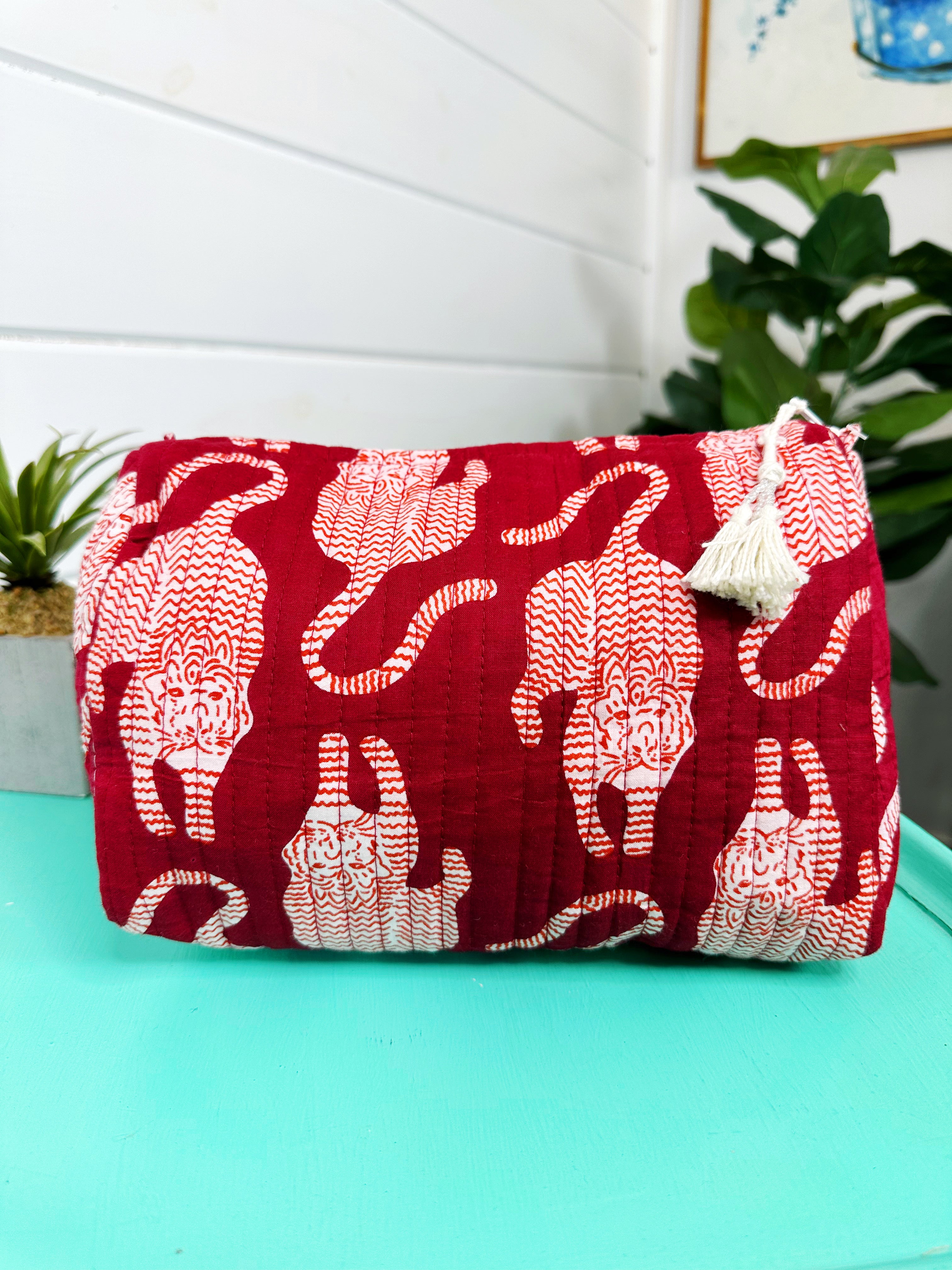 Merlot Tiger Print Quilted Makeup Cosmetics Toiletry Bag