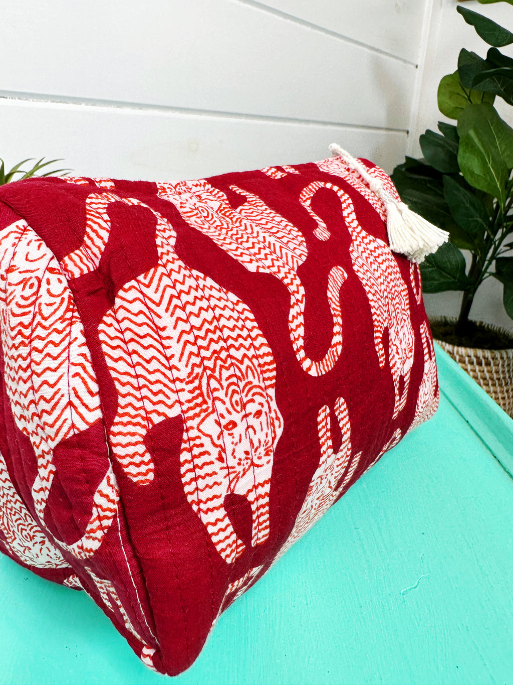 Merlot Tiger Print Quilted Makeup Cosmetics Toiletry Bag