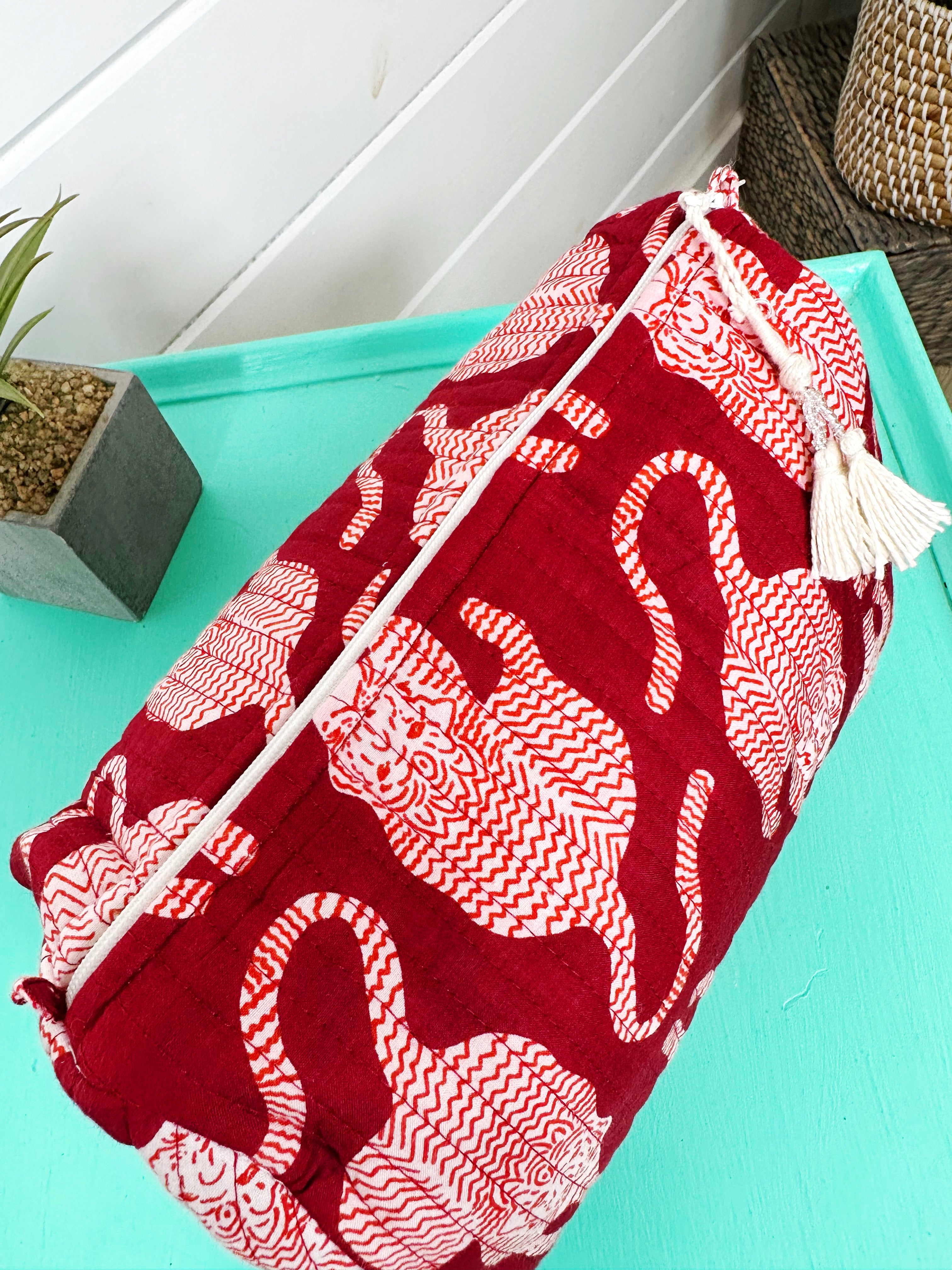 Merlot Tiger Print Quilted Makeup Cosmetics Toiletry Bag
