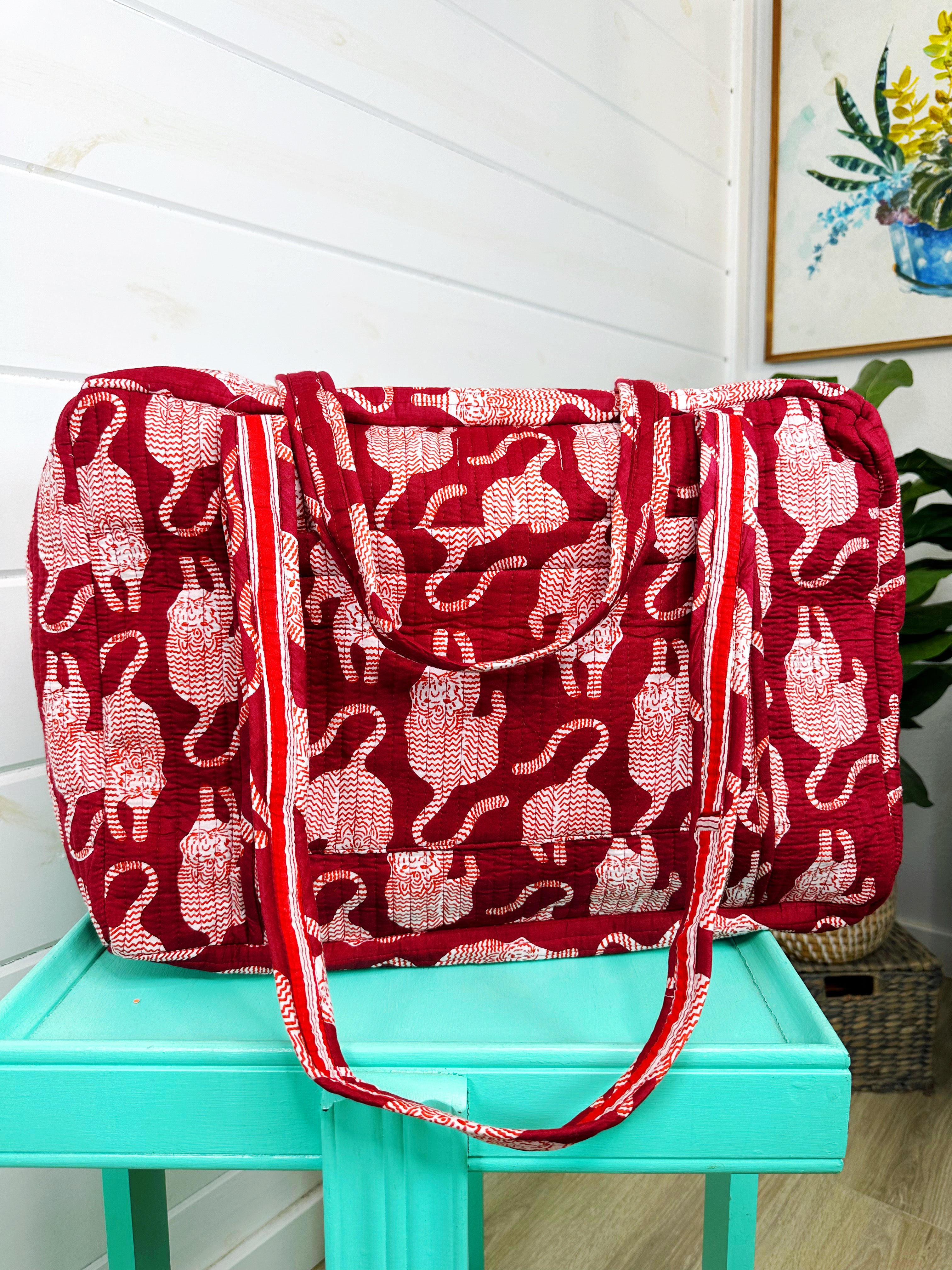 Merlot Tiger Print Quilted Weekender Overnight Bag