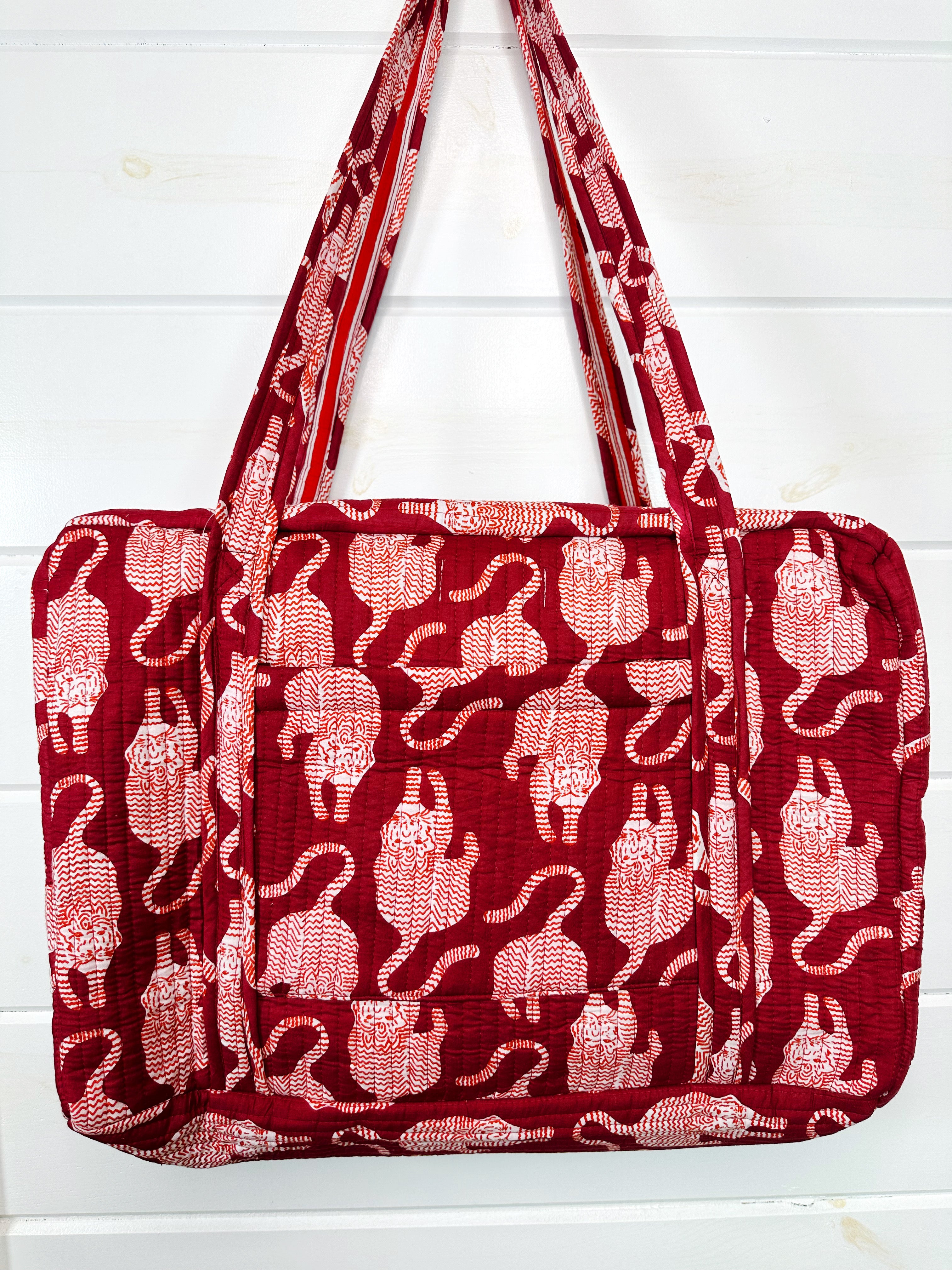 Merlot Tiger Print Quilted Weekender Overnight Bag