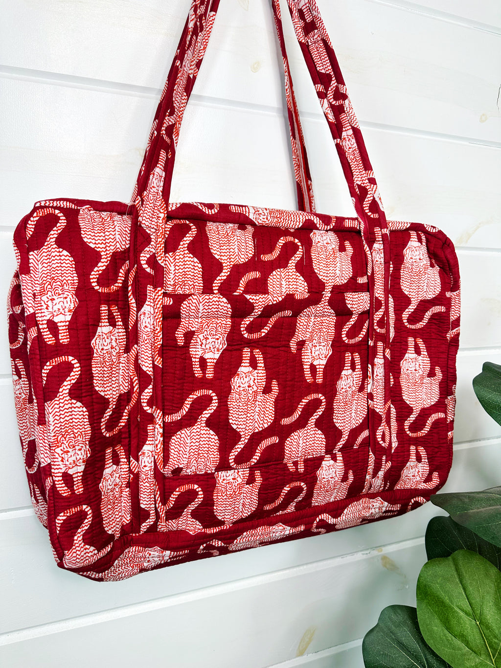 Merlot Tiger Print Quilted Weekender Overnight Bag