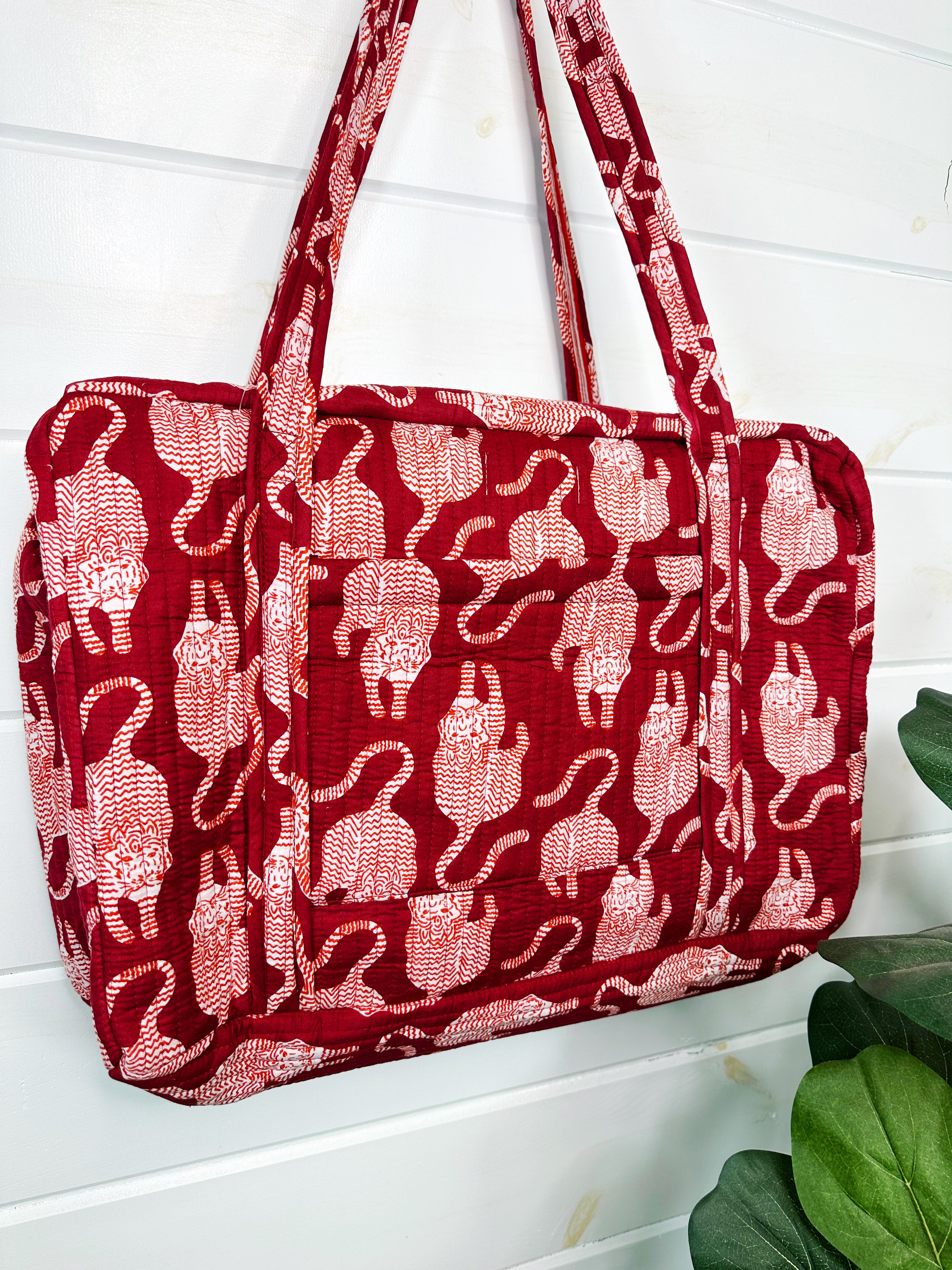 Merlot Tiger Print Quilted Weekender Overnight Bag