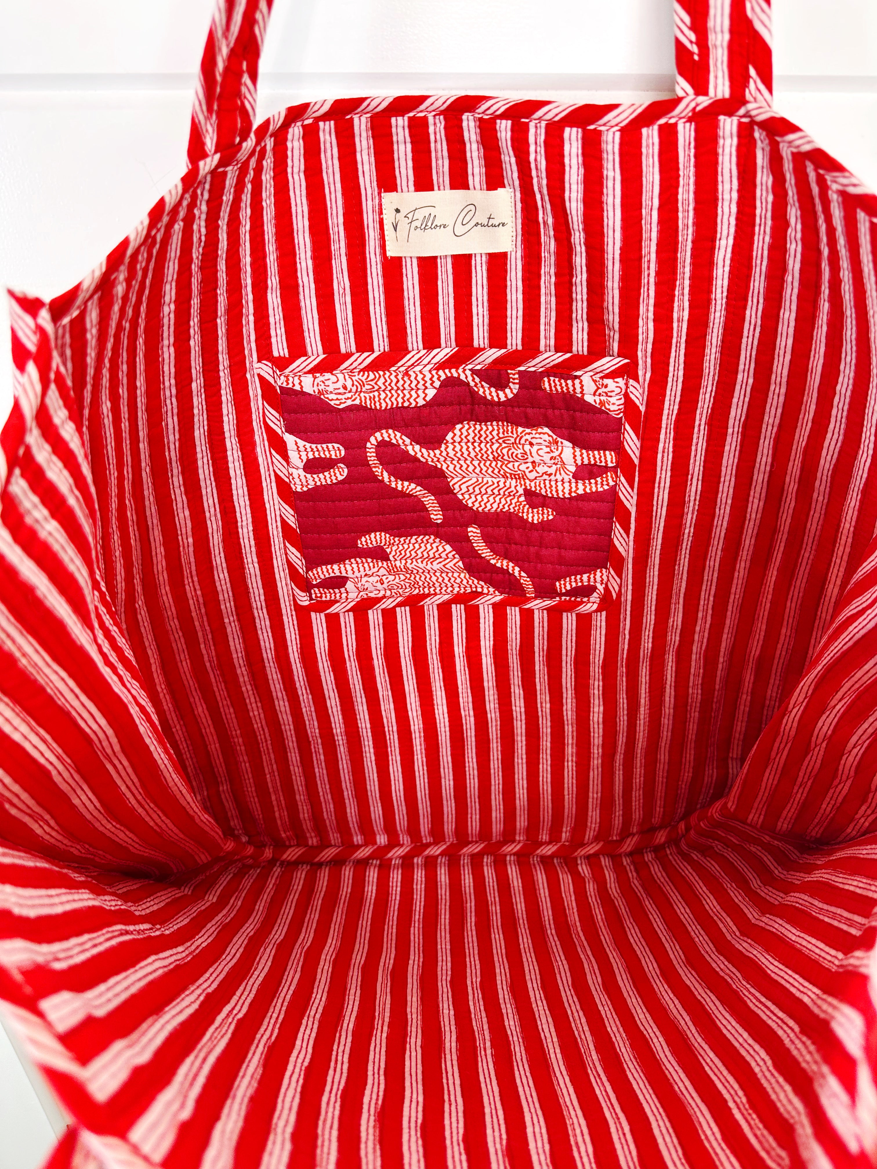 Merlot Tiger Print Quilted Cotton Reversible Large Tote Bag