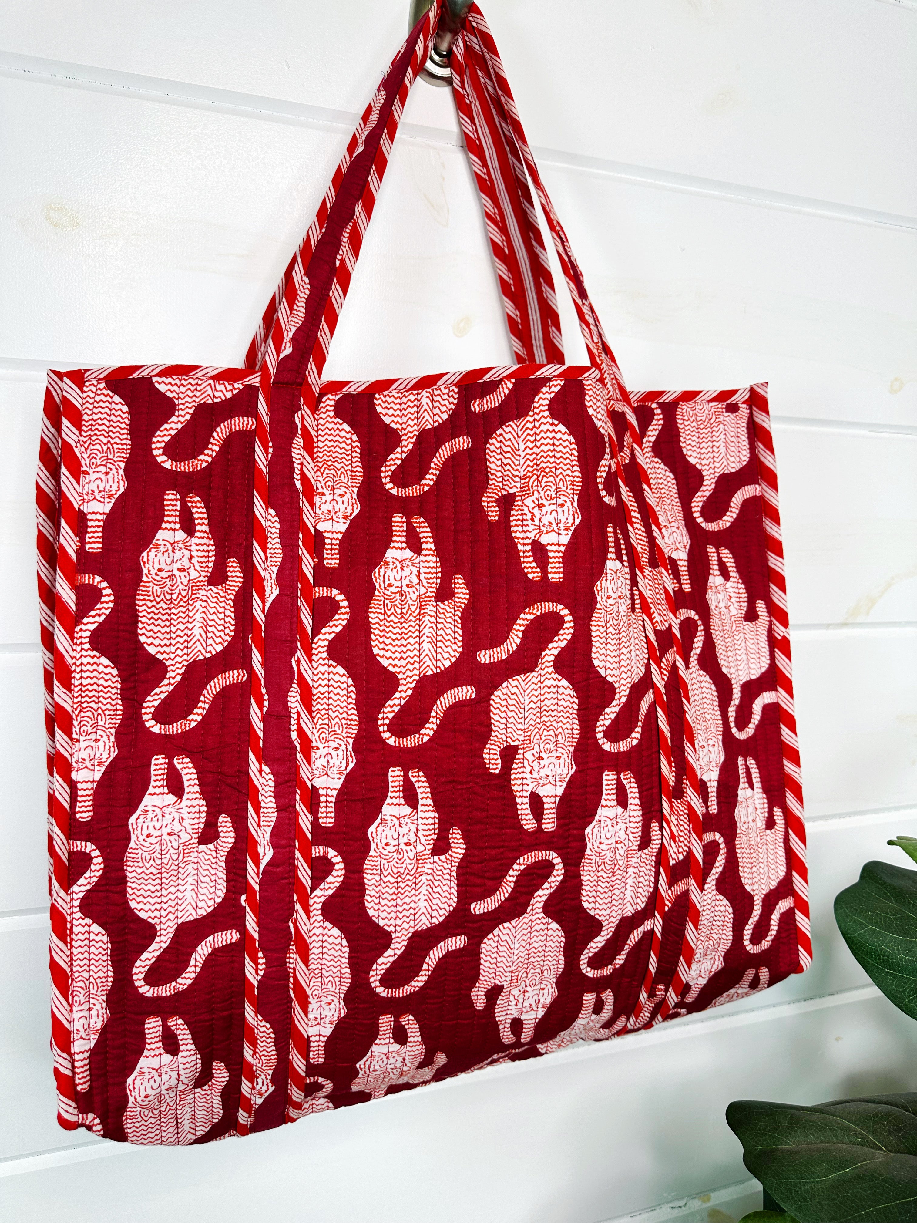 Merlot Tiger Print Quilted Cotton Reversible Large Tote Bag