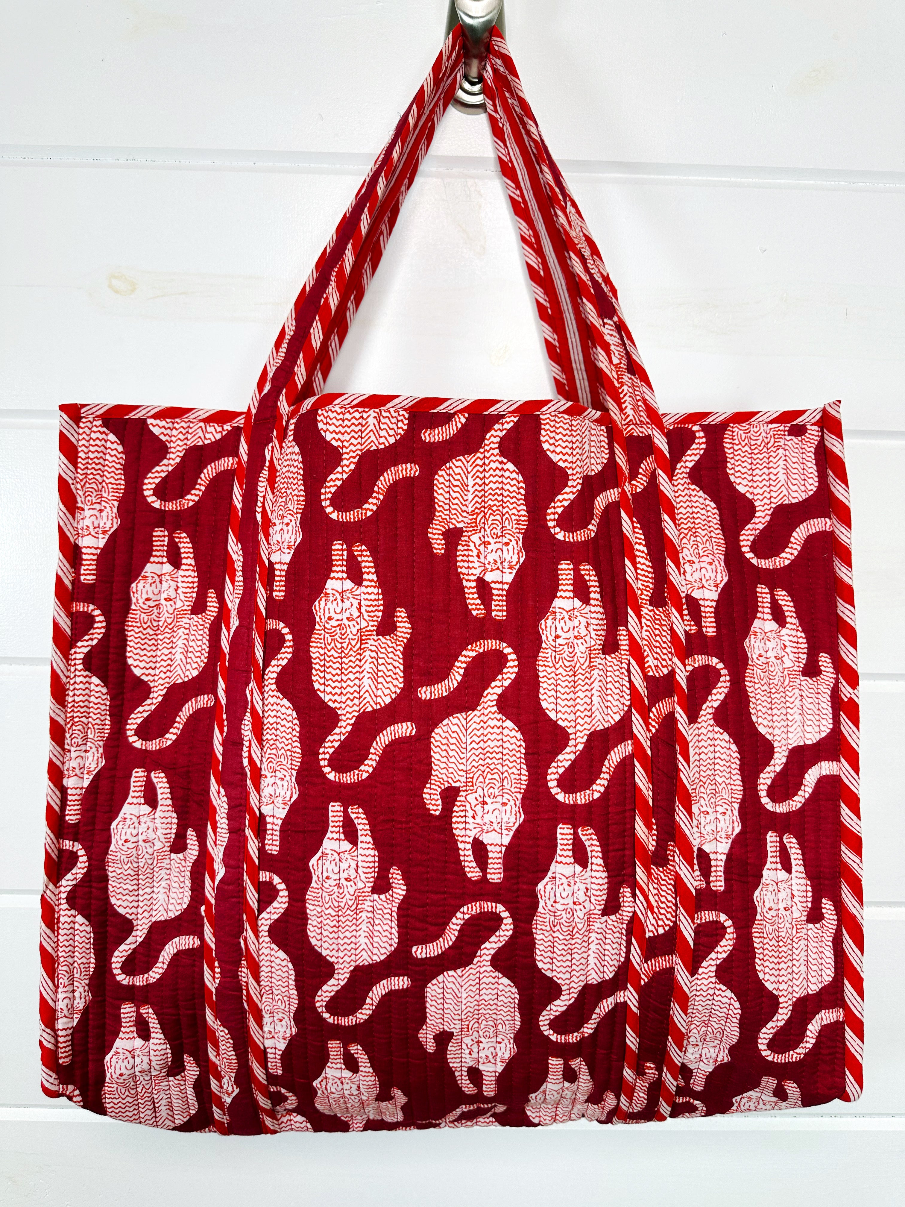 Merlot Tiger Print Quilted Cotton Reversible Large Tote Bag