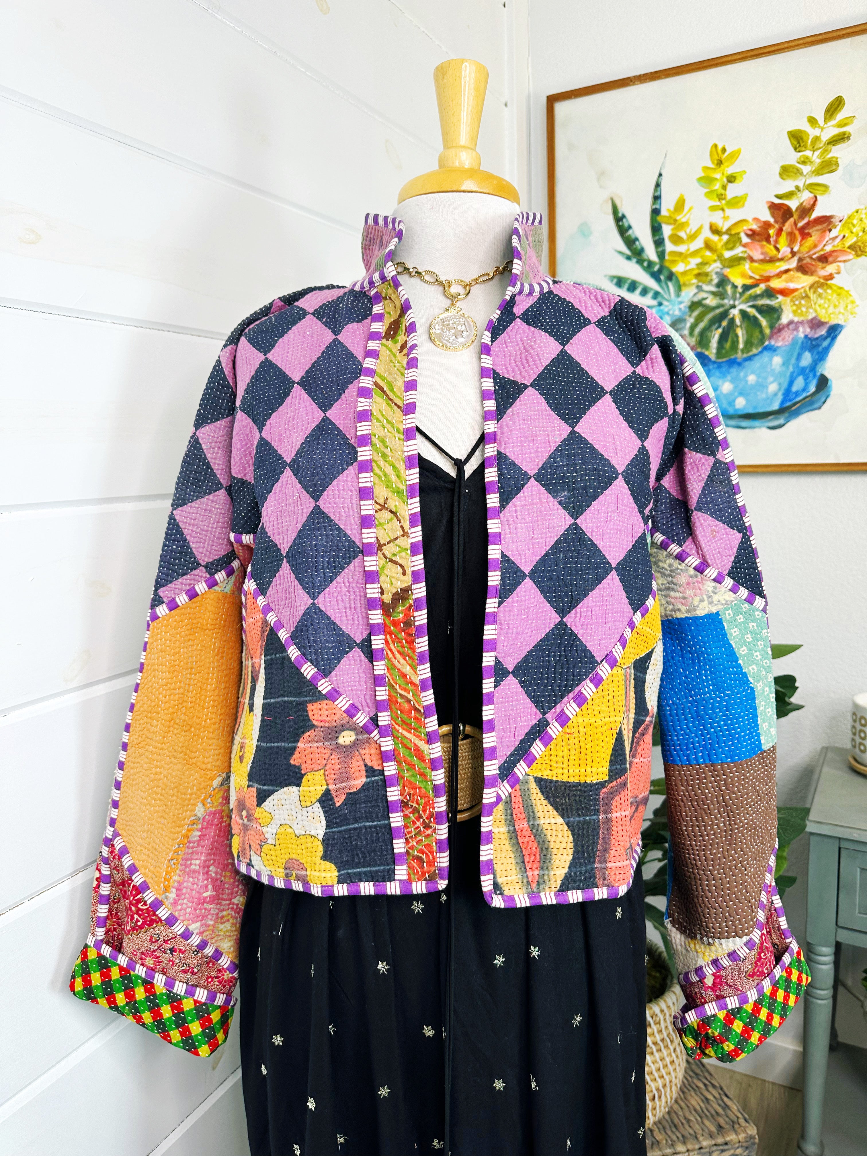 Boho Patchwork Kantha Jacket – Handmade Quilted & Reversible Blanket Coat