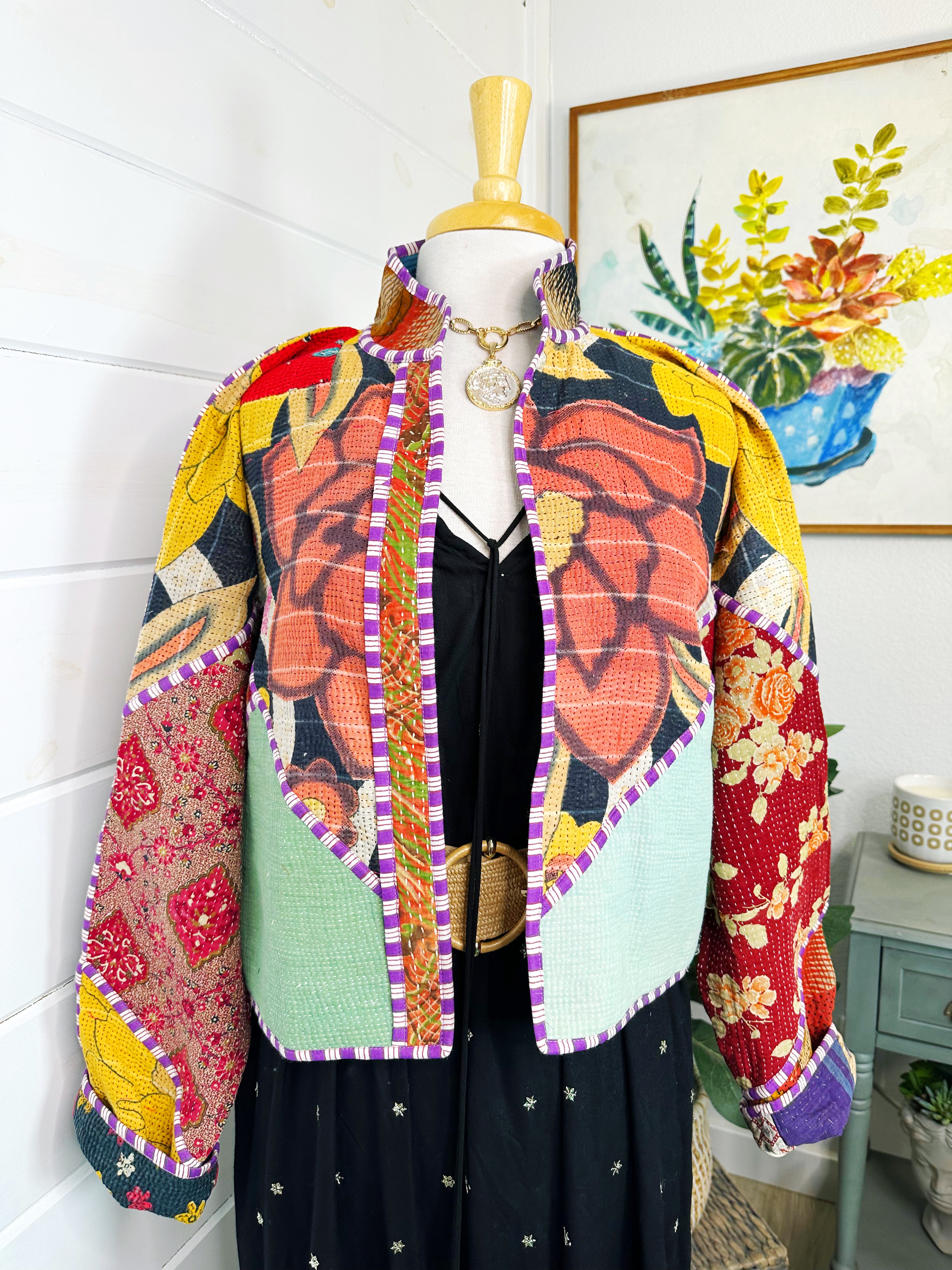 Boho Patchwork Kantha Jacket – Handmade Quilted & Reversible Blanket Coat