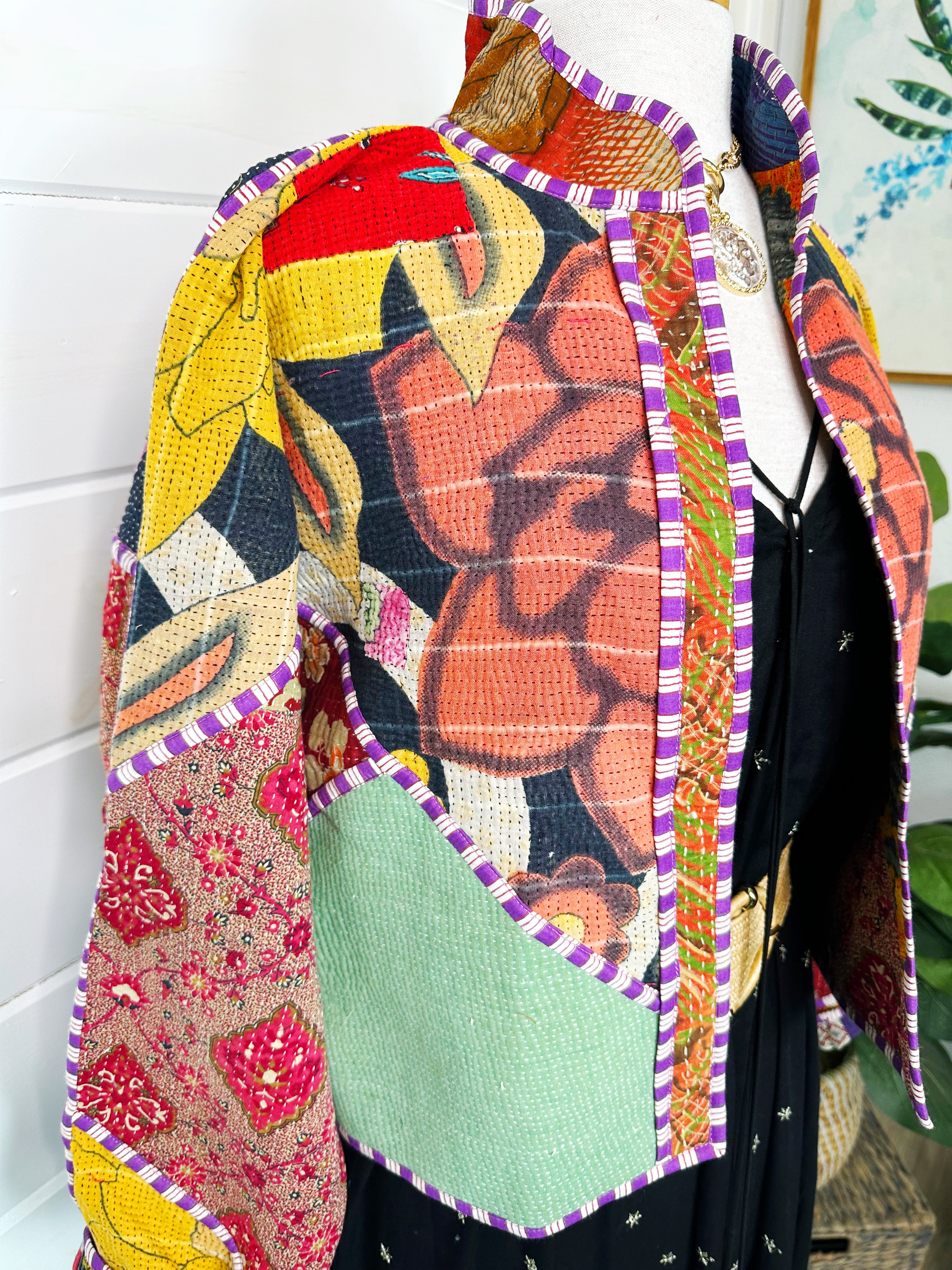 Boho Patchwork Kantha Jacket – Handmade Quilted & Reversible Blanket Coat