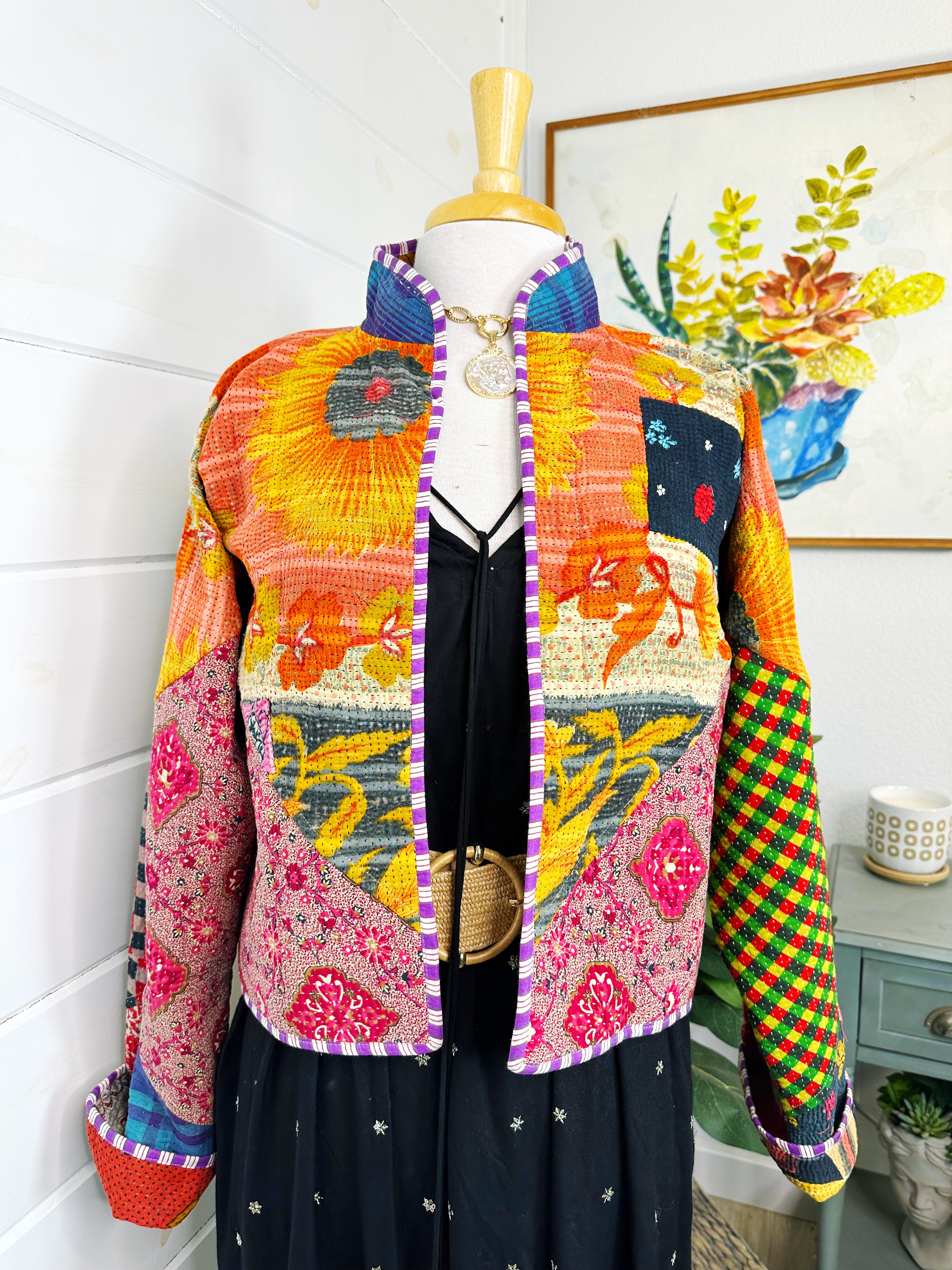 Boho Patchwork Kantha Jacket – Handmade Quilted & Reversible Blanket Coat
