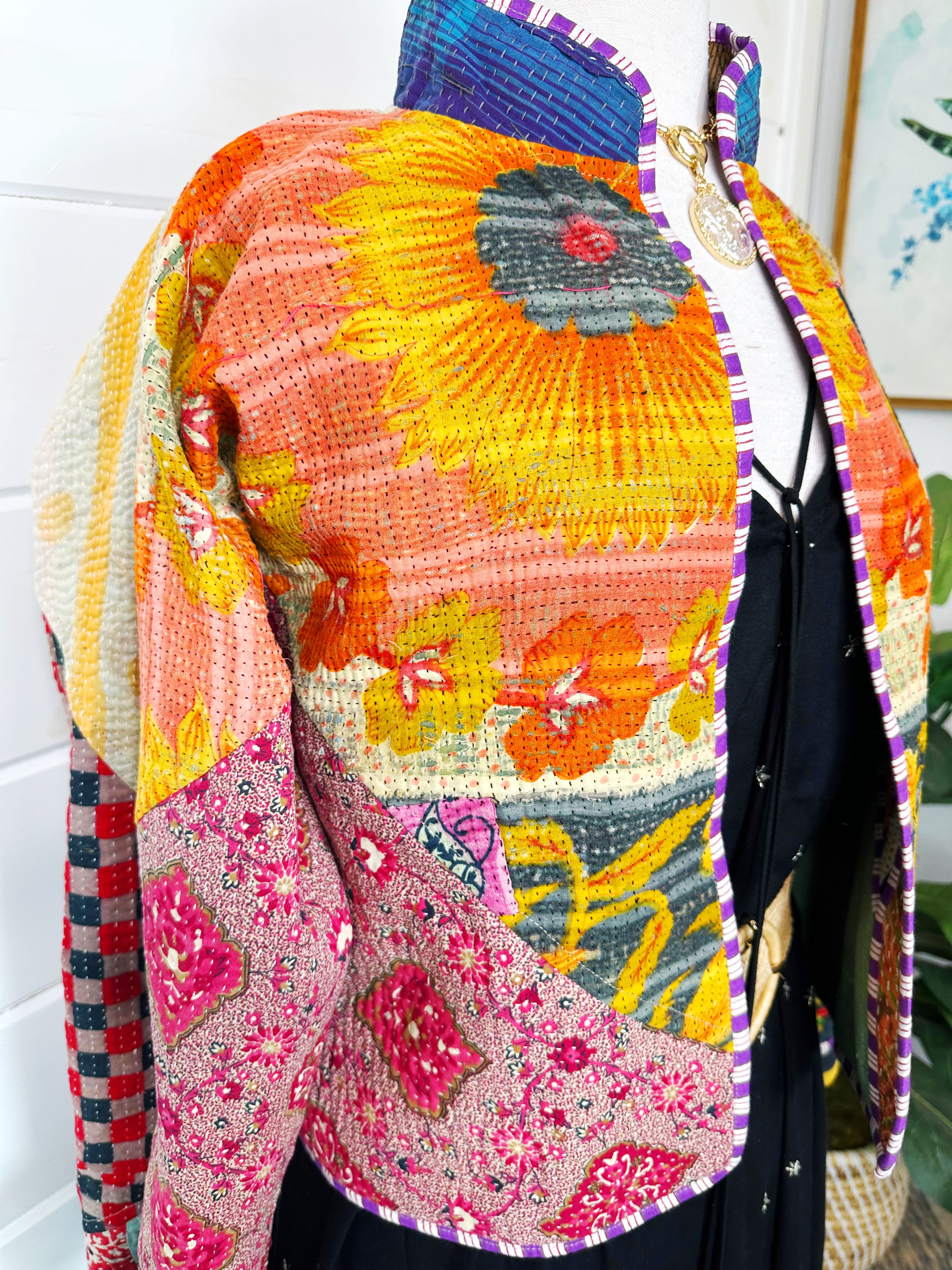 Boho Patchwork Kantha Jacket – Handmade Quilted & Reversible Blanket Coat
