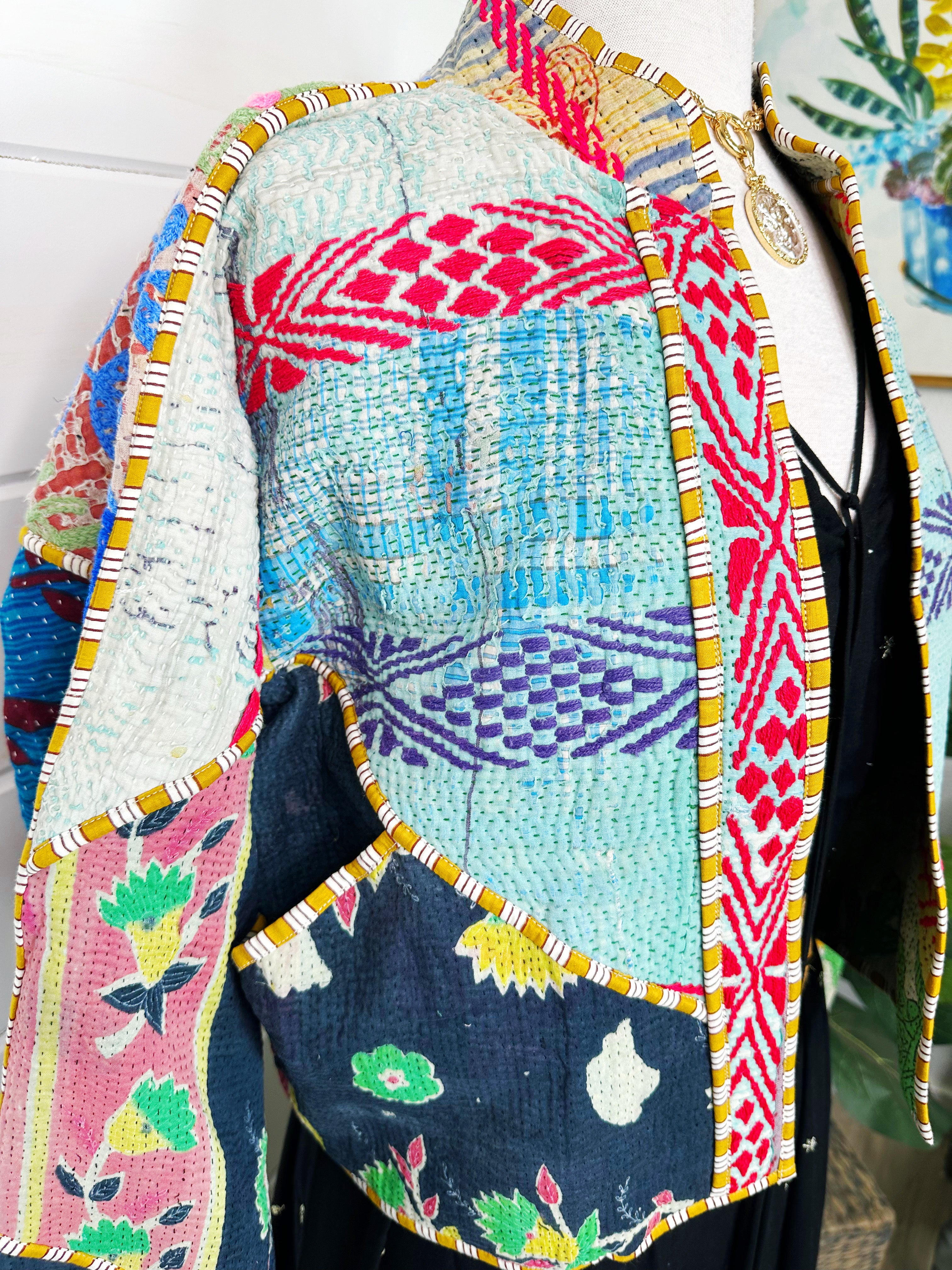 Boho Patchwork Kantha Jacket – Handmade Quilted & Reversible Blanket Coat