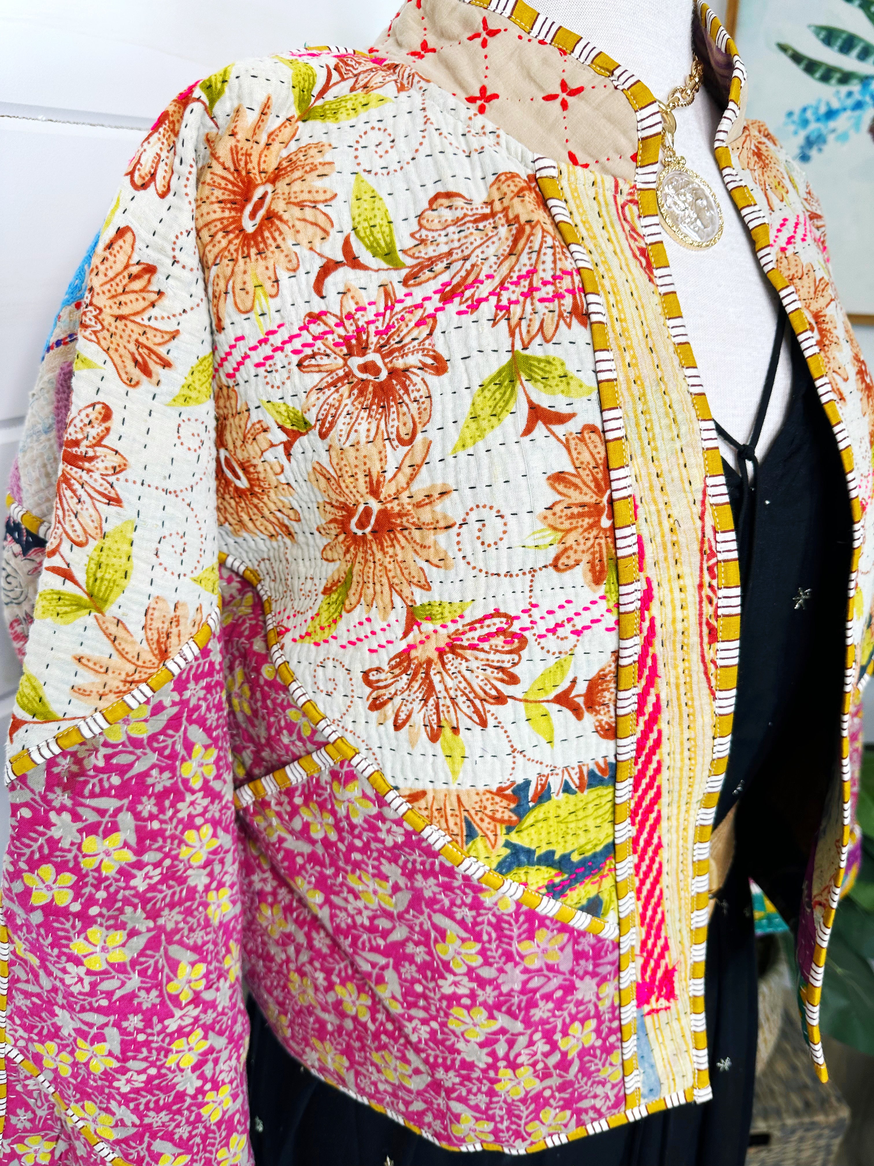 Boho Patchwork Kantha Jacket – Handmade Quilted & Reversible Blanket Coat