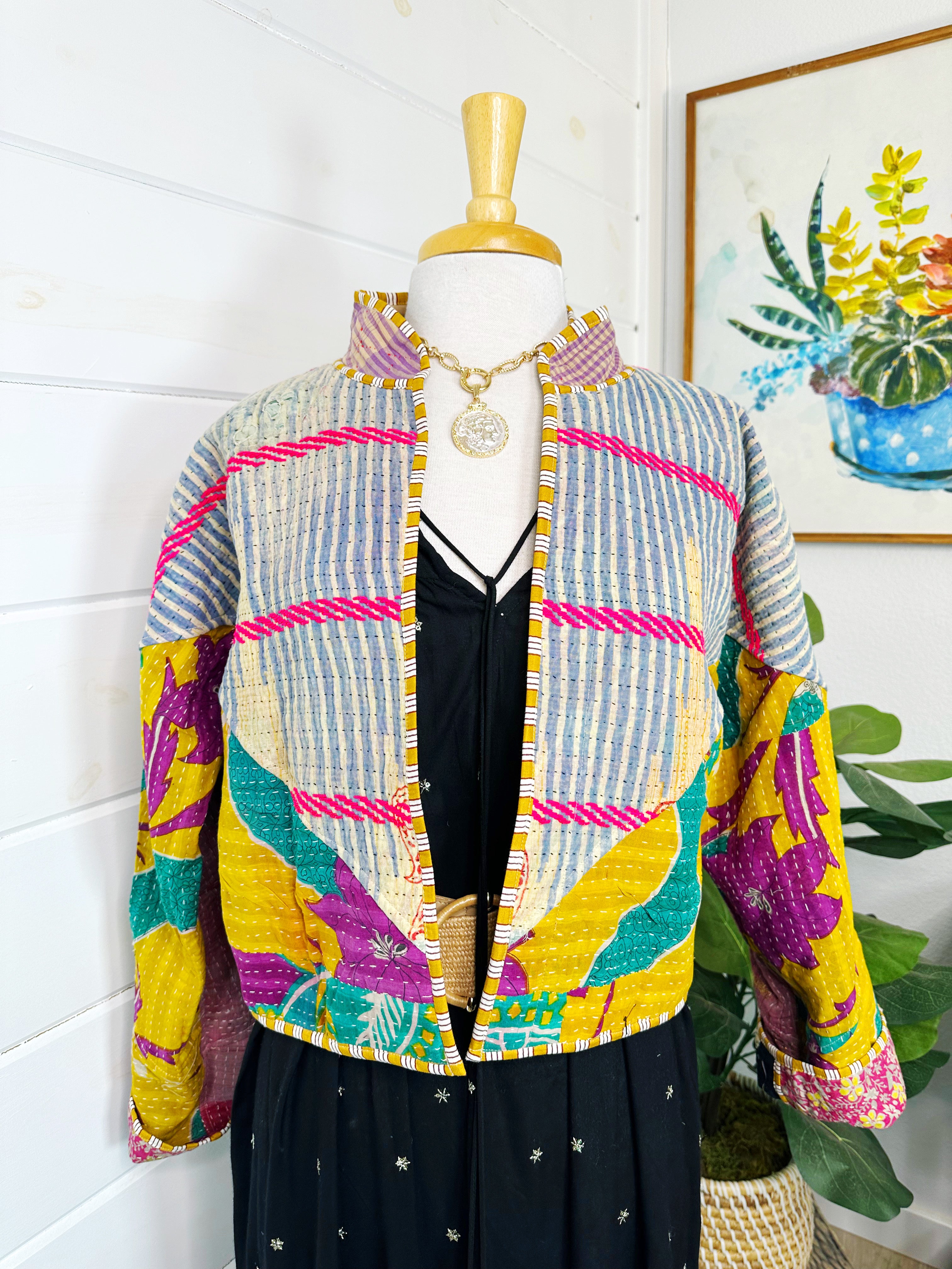 Boho Patchwork Kantha Jacket – Handmade Quilted & Reversible Blanket Coat