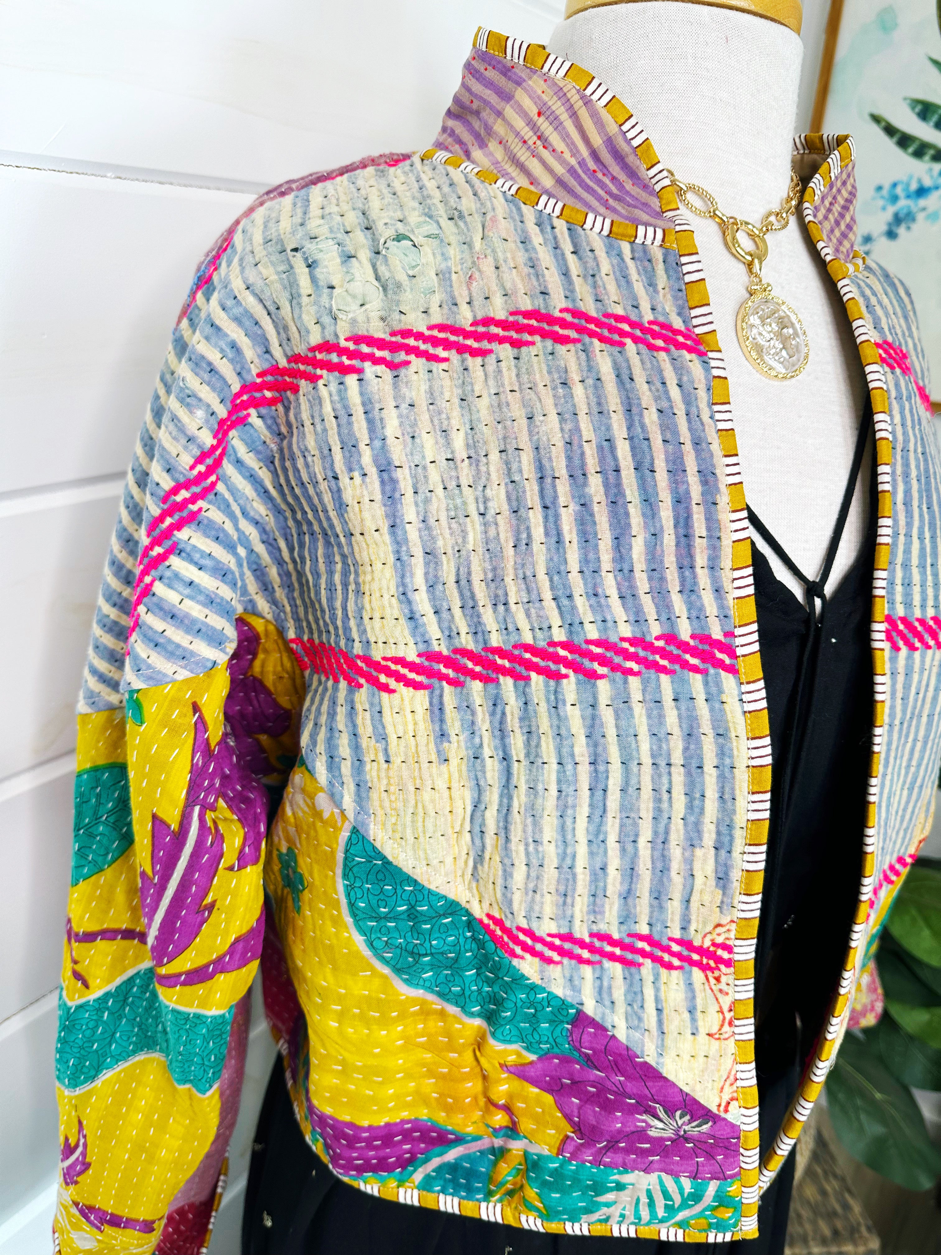 Boho Patchwork Kantha Jacket – Handmade Quilted & Reversible Blanket Coat