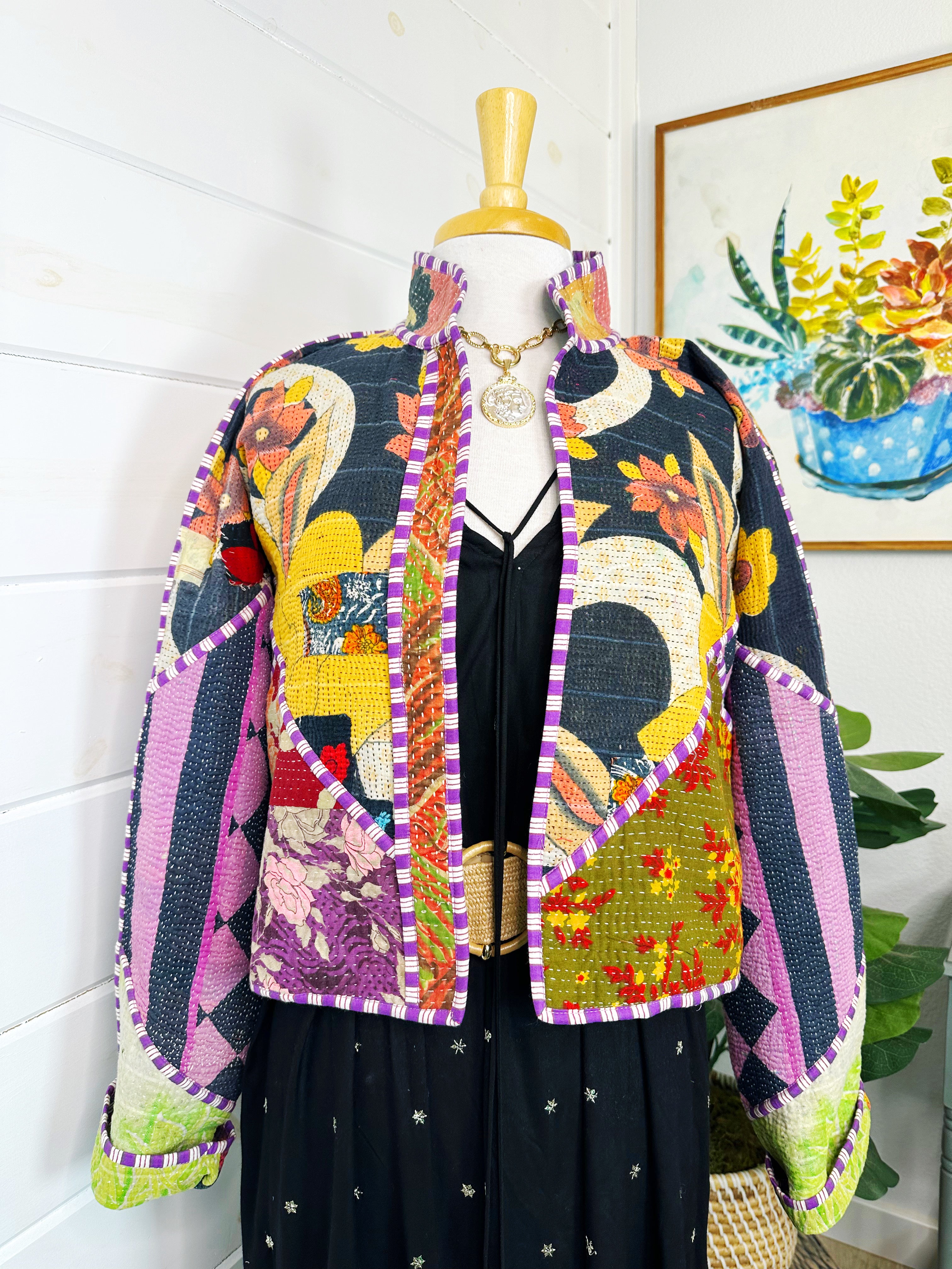 Boho Patchwork Kantha Jacket – Handmade Quilted & Reversible Blanket Coat