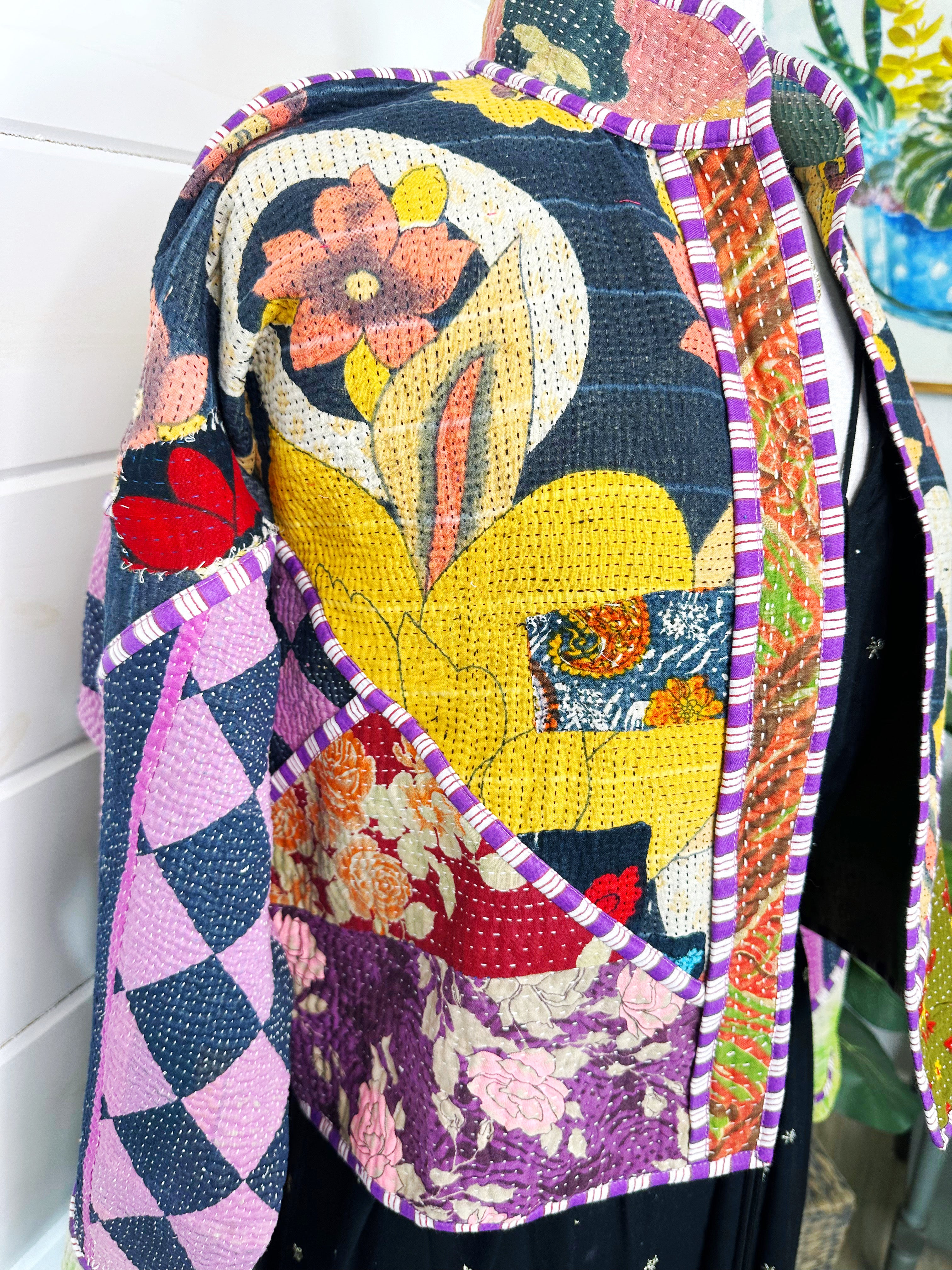 Boho Patchwork Kantha Jacket – Handmade Quilted & Reversible Blanket Coat