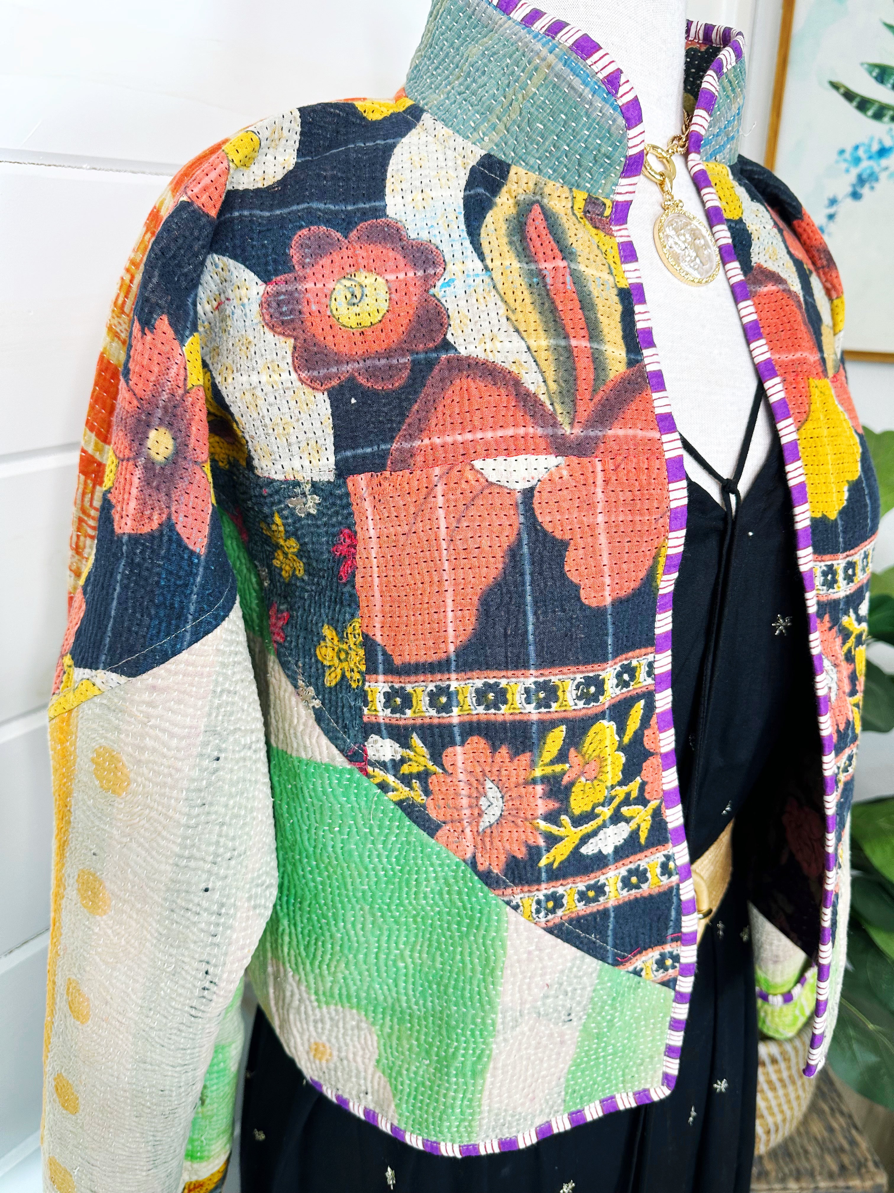 Boho Patchwork Kantha Jacket – Handmade Quilted & Reversible Blanket Coat
