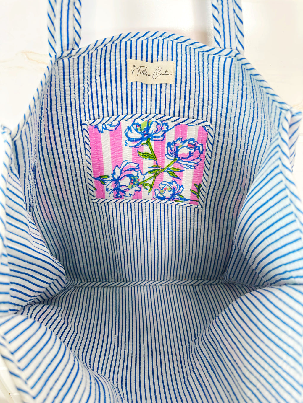 Quilted Cotton Reversible Large Tote Bag - Peony Pink Stripe