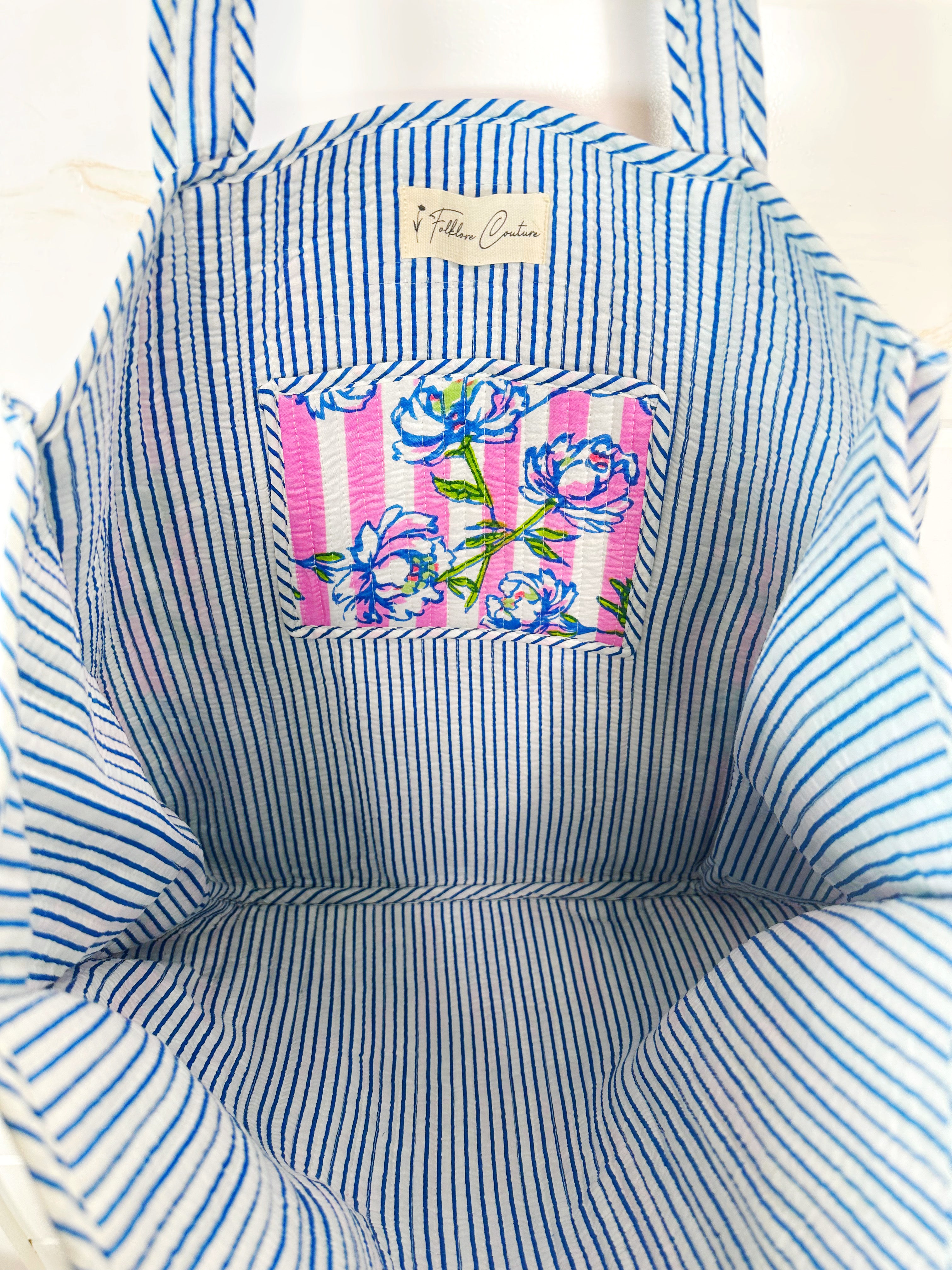 Quilted Cotton Reversible Large Tote Bag - Peony Pink Stripe