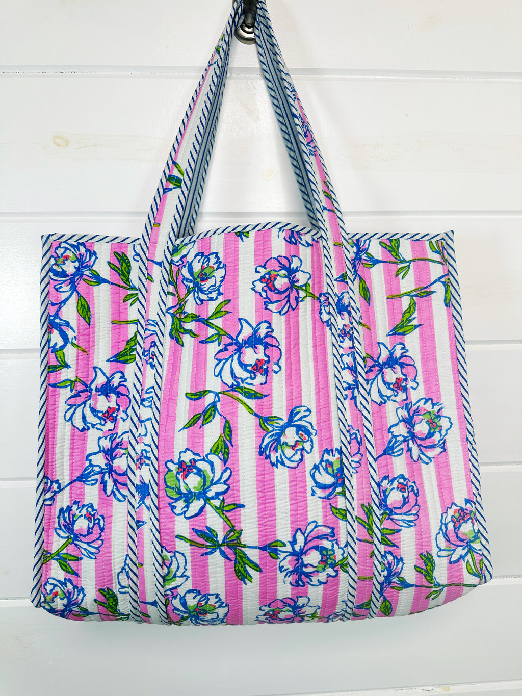 Quilted Cotton Reversible Large Tote Bag - Peony Pink Stripe