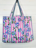 Quilted Cotton Reversible Large Tote Bag - Peony Pink Stripe