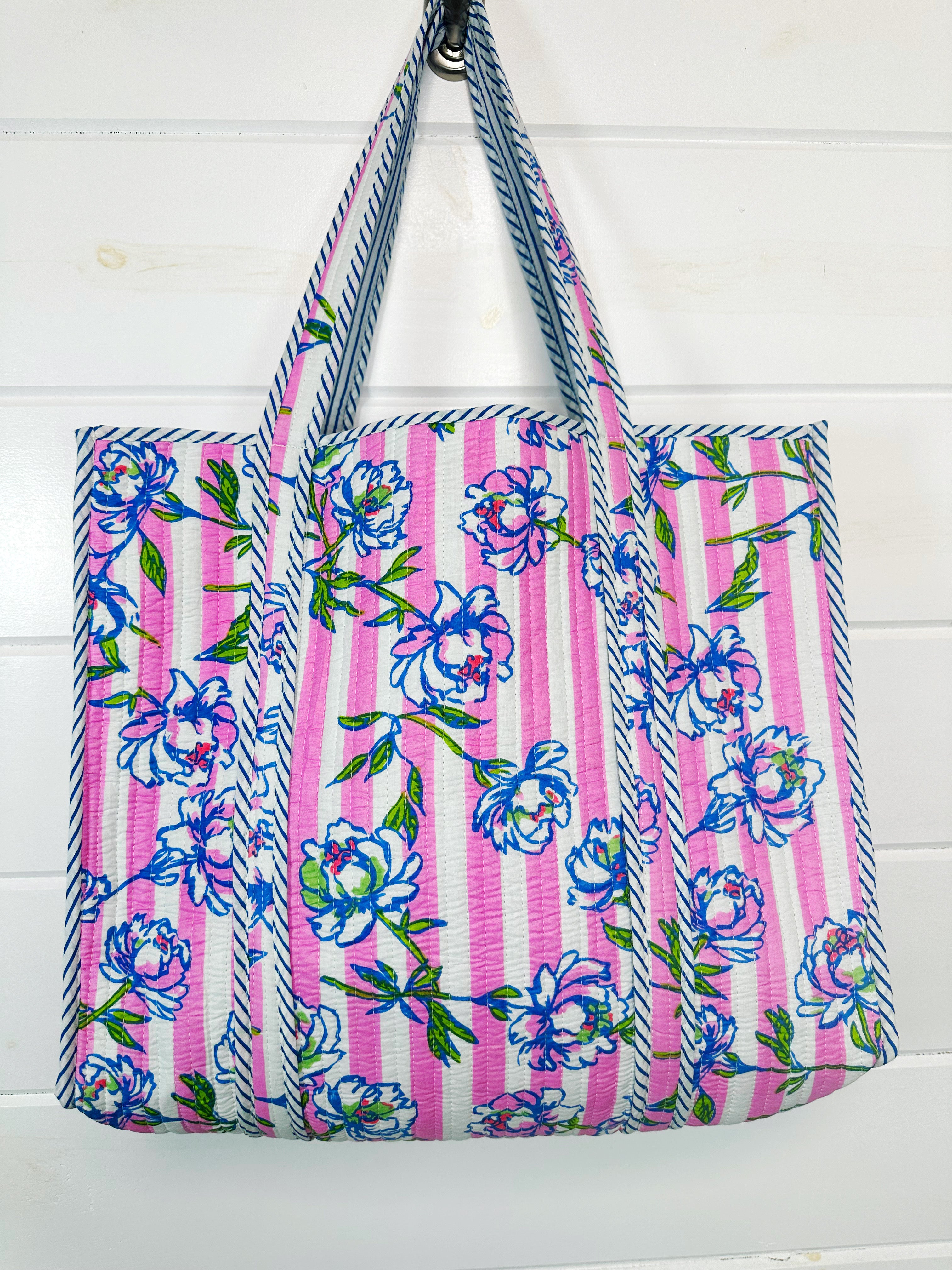 Quilted Cotton Reversible Large Tote Bag - Peony Pink Stripe