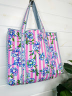 Quilted Cotton Reversible Large Tote Bag - Peony Pink Stripe