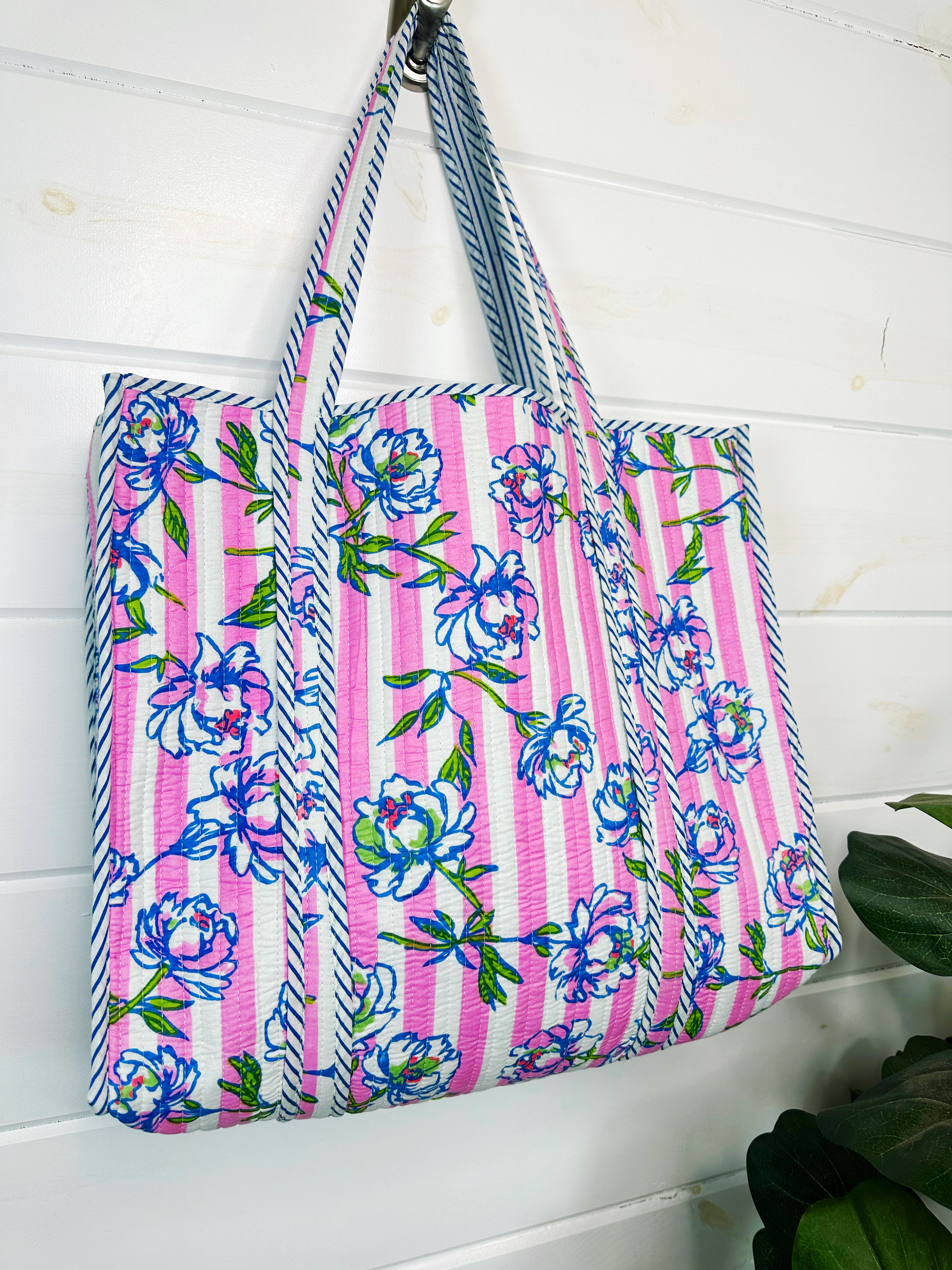 Quilted Cotton Reversible Large Tote Bag - Peony Pink Stripe