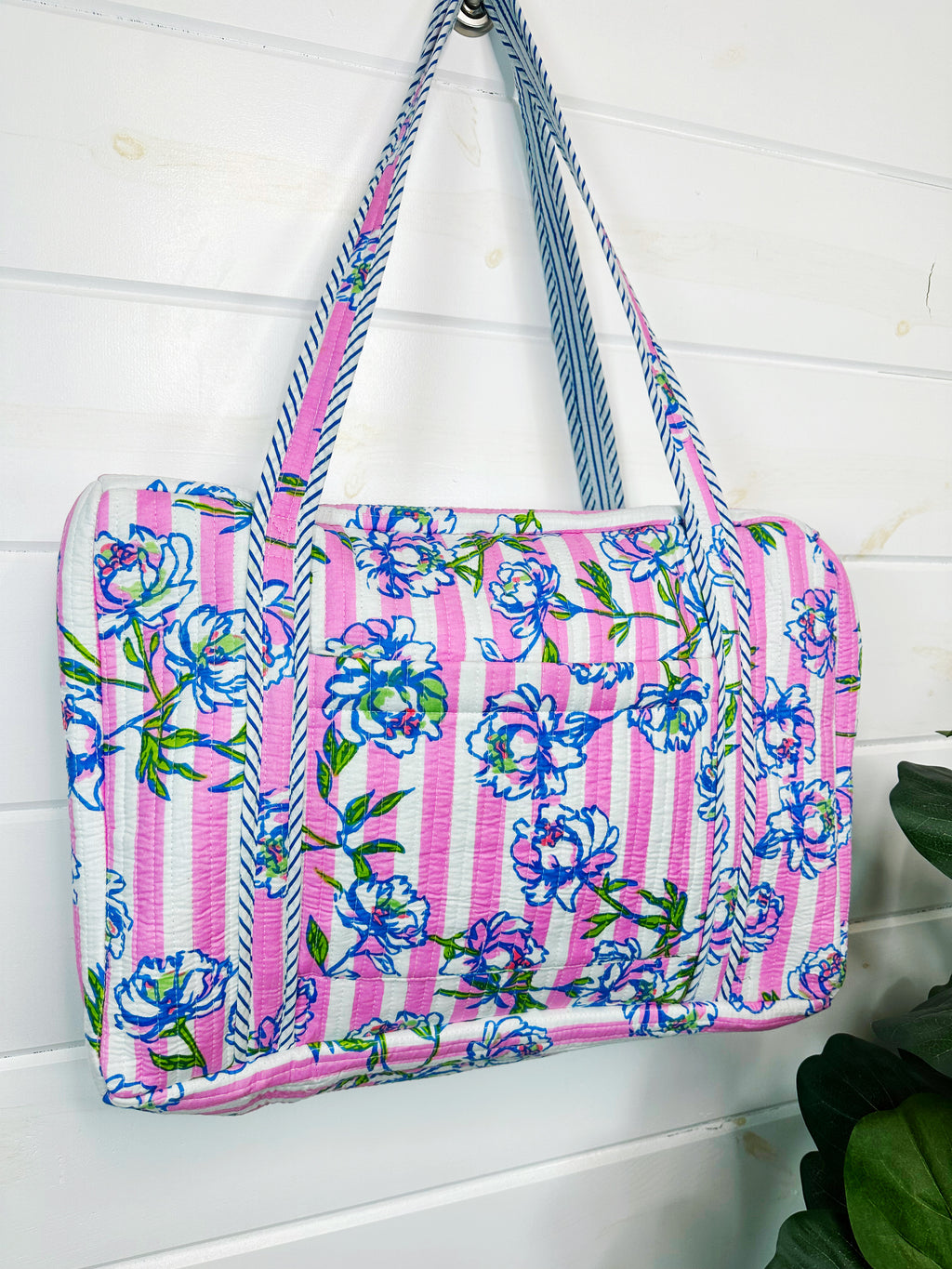 Quilted Weekender Duffle Overnight Bag - Peony Pink Stripe
