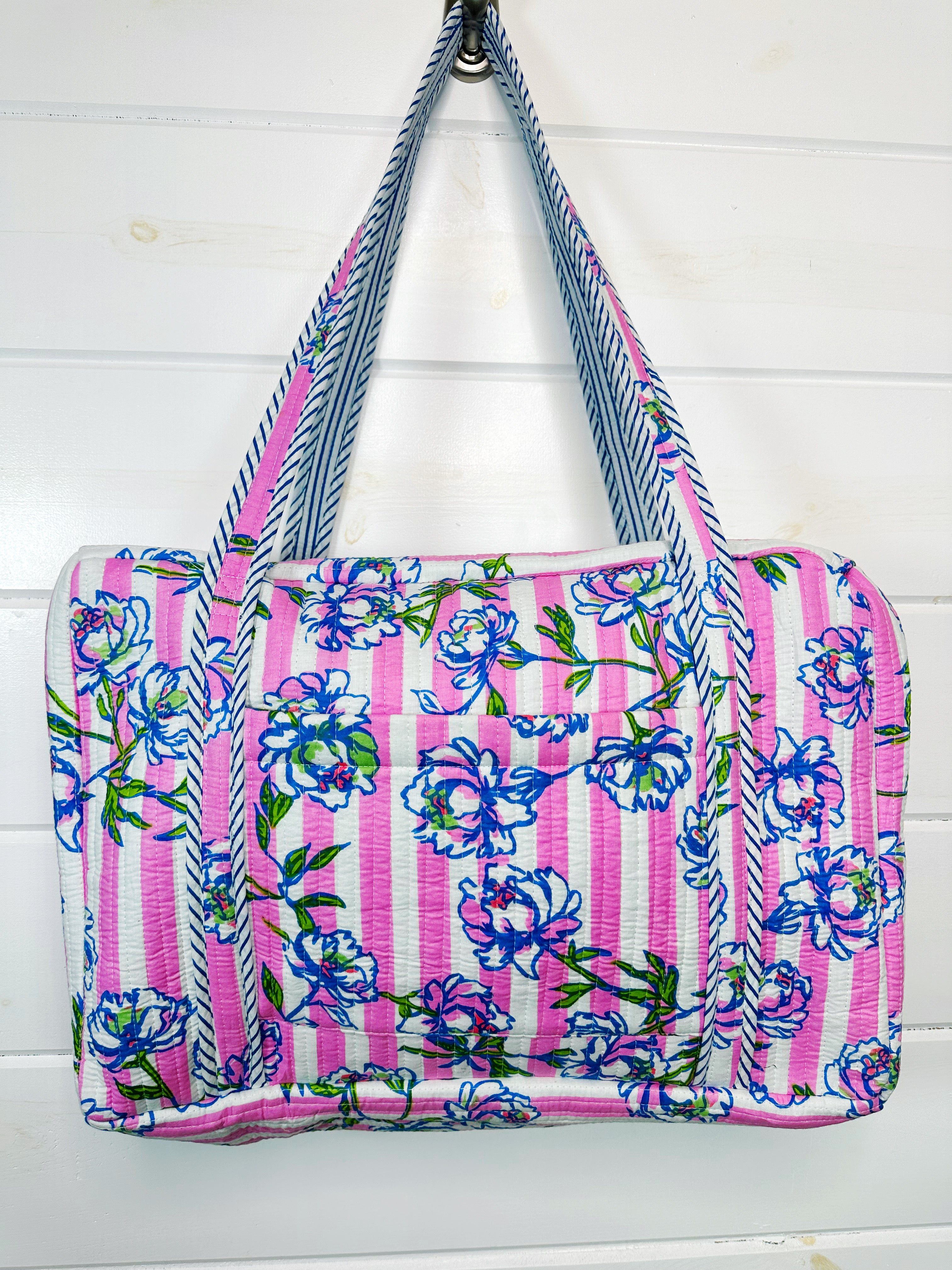 Quilted Weekender Duffle Overnight Bag - Peony Pink Stripe