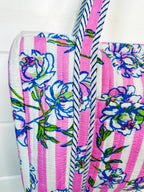 Quilted Weekender Duffle Overnight Bag - Peony Pink Stripe