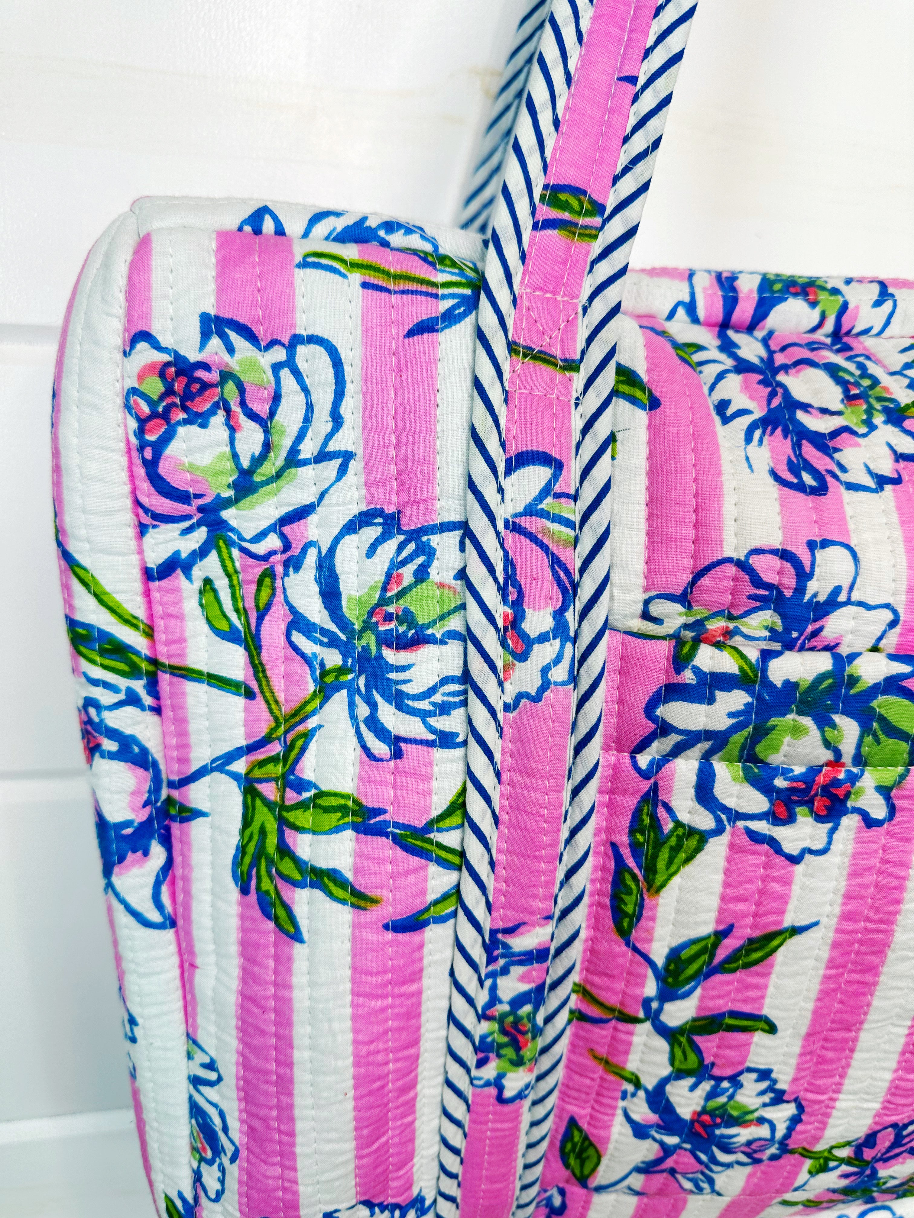 Quilted Weekender Duffle Overnight Bag - Peony Pink Stripe