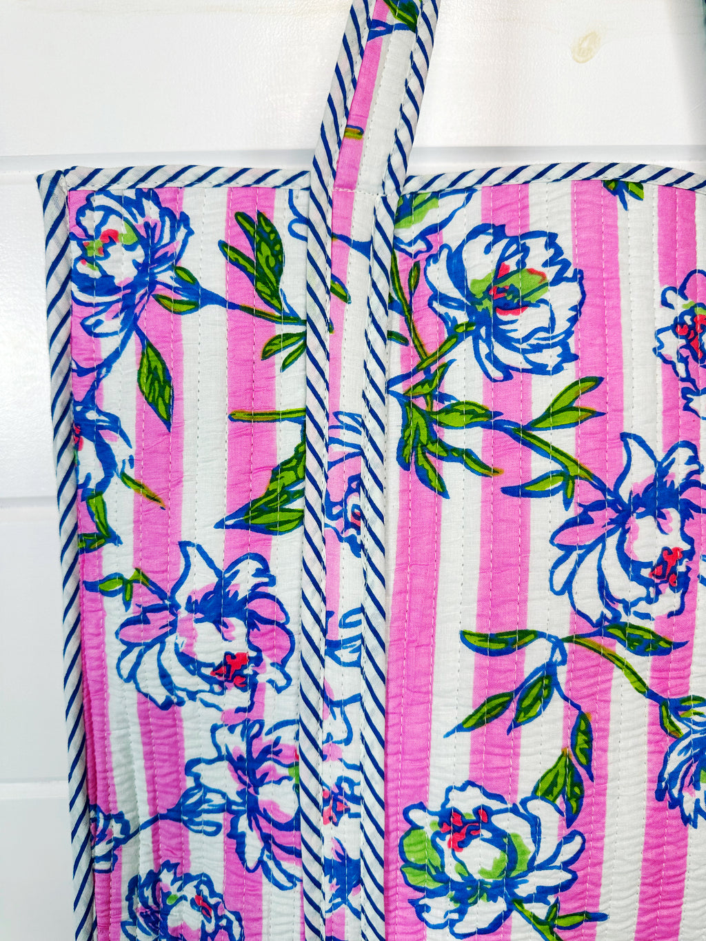 Quilted Cotton Reversible Large Tote Bag - Peony Pink Stripe